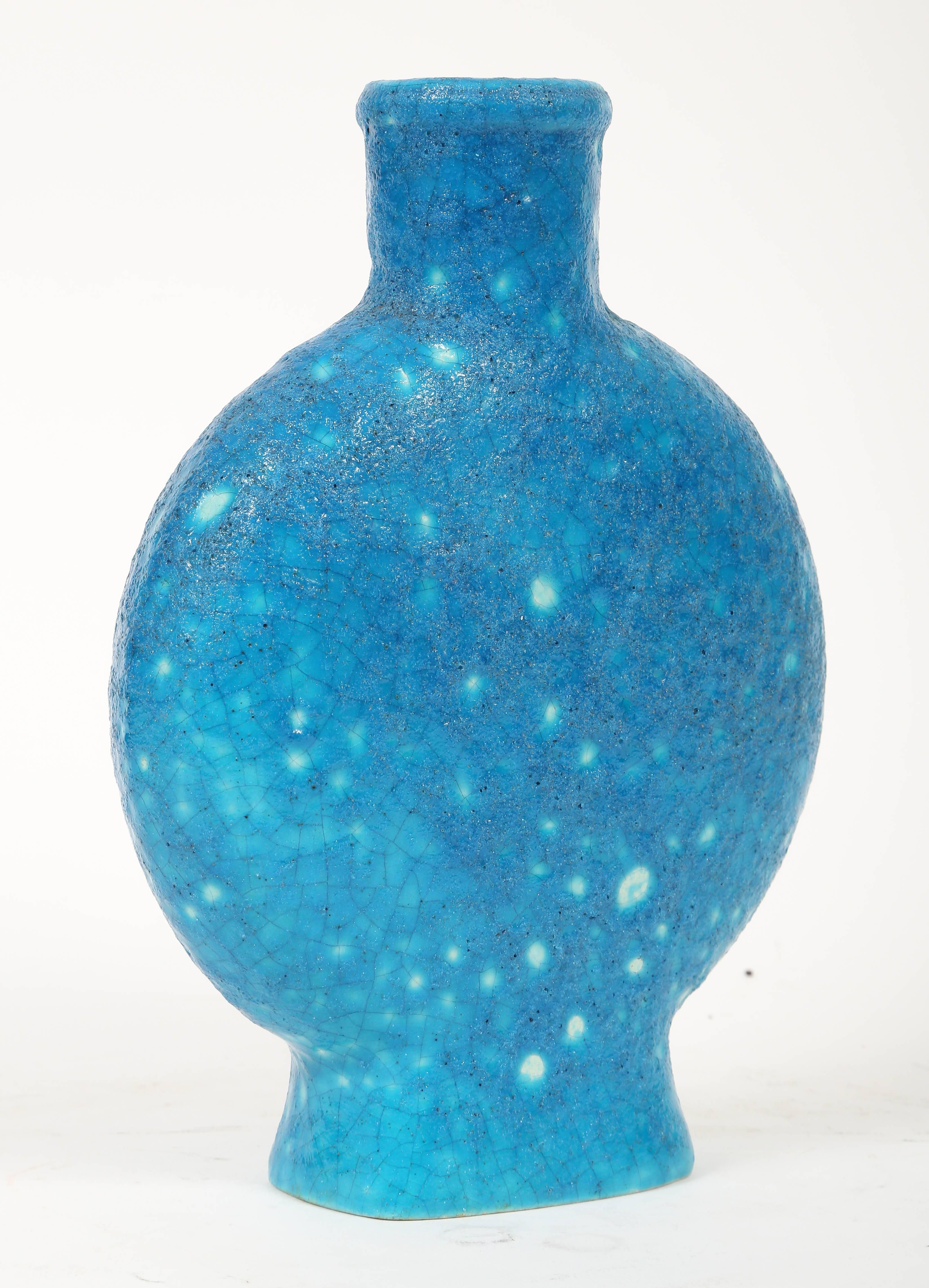 Rare Edmondl Lachenal turquoise blue volcanic glazed ceramic vase signed on the bottom LACHENAL FRANCE