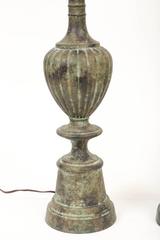Pair of Verdigris Patinated Fluted Balluster Bronze Lamps