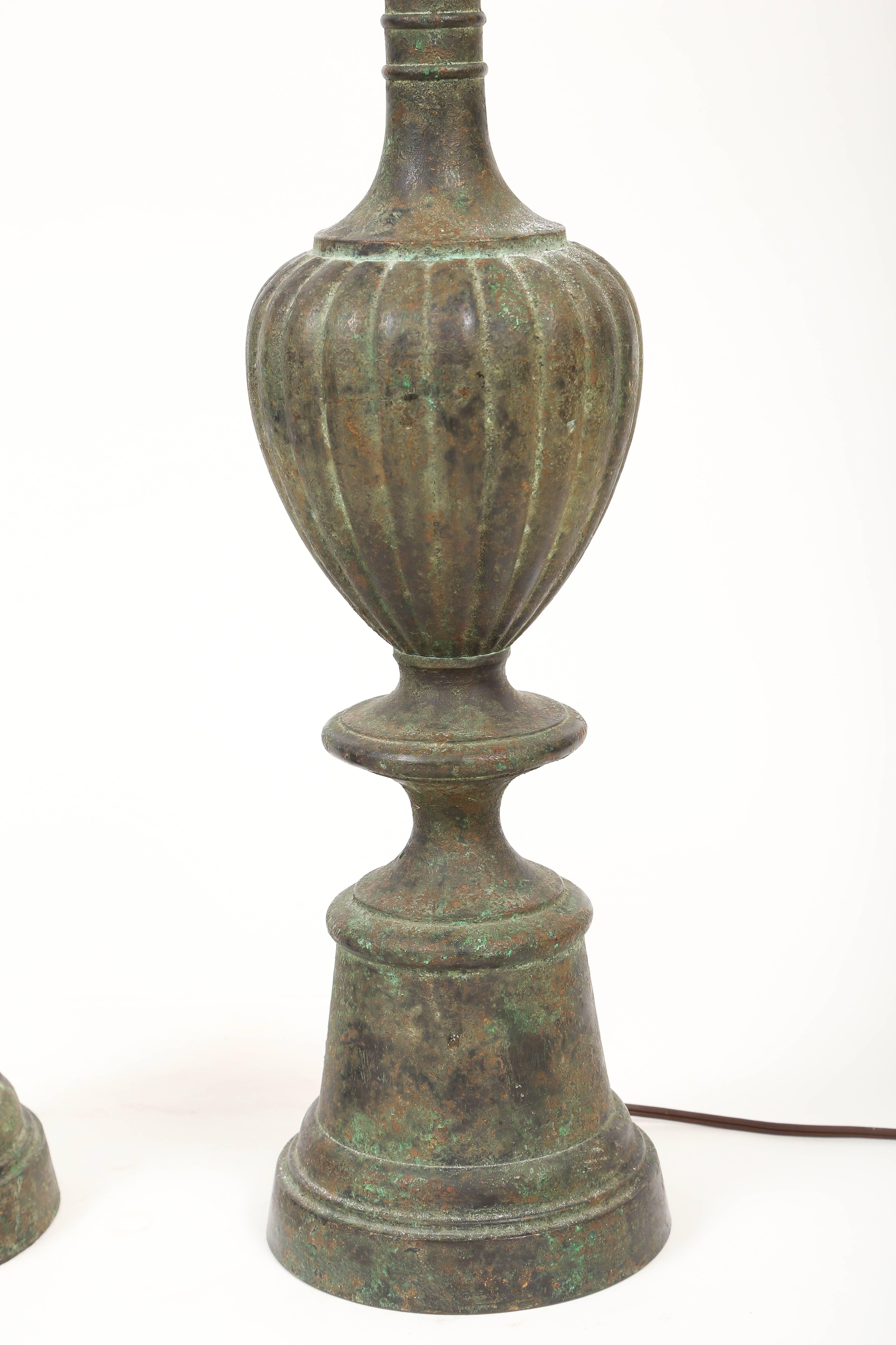 Greco Roman Pair of Verdigris Patinated Fluted Balluster Bronze Lamps
