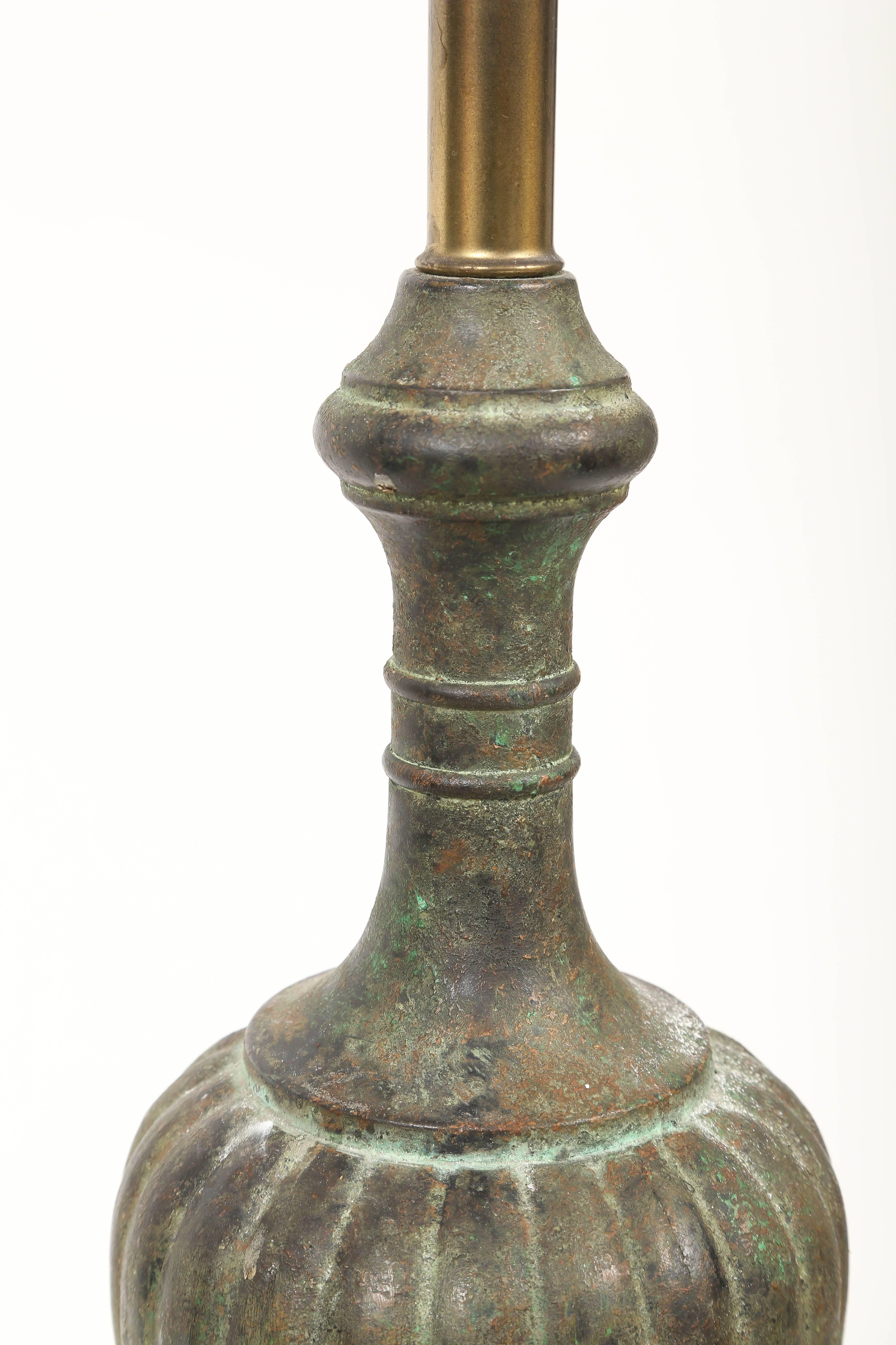 Italian Pair of Verdigris Patinated Fluted Balluster Bronze Lamps