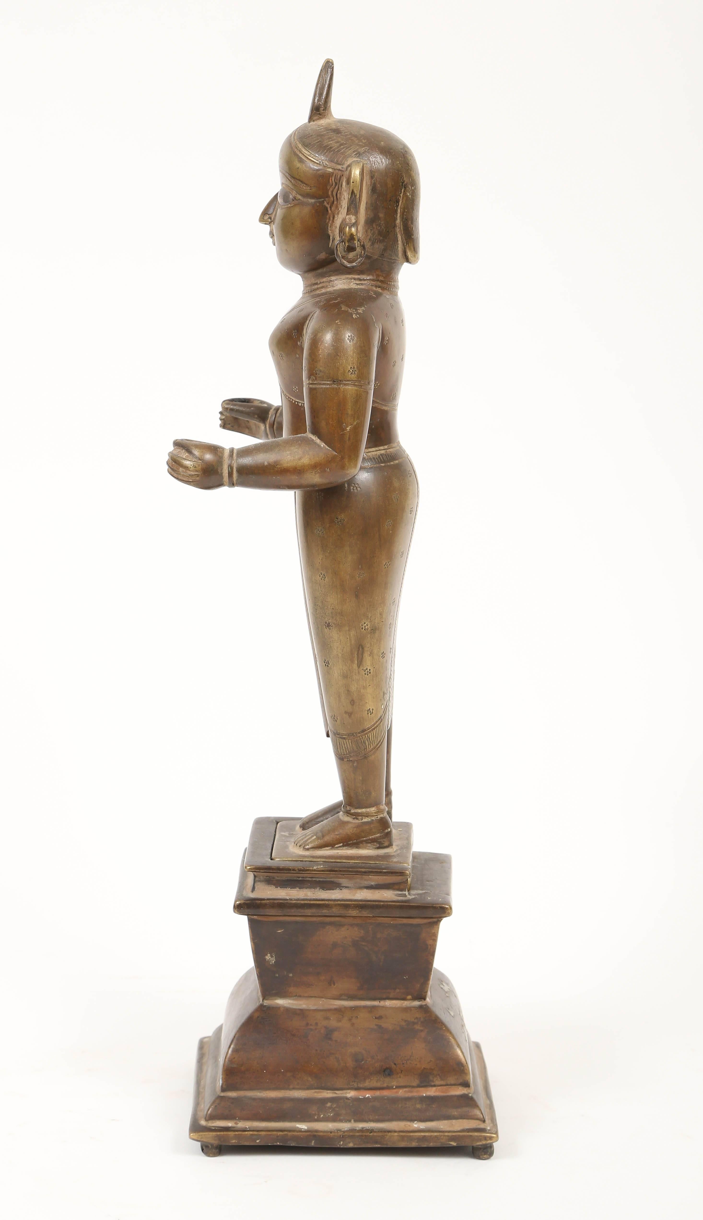 Cast 19th Century Standing Bronze Figure of Krishna, India