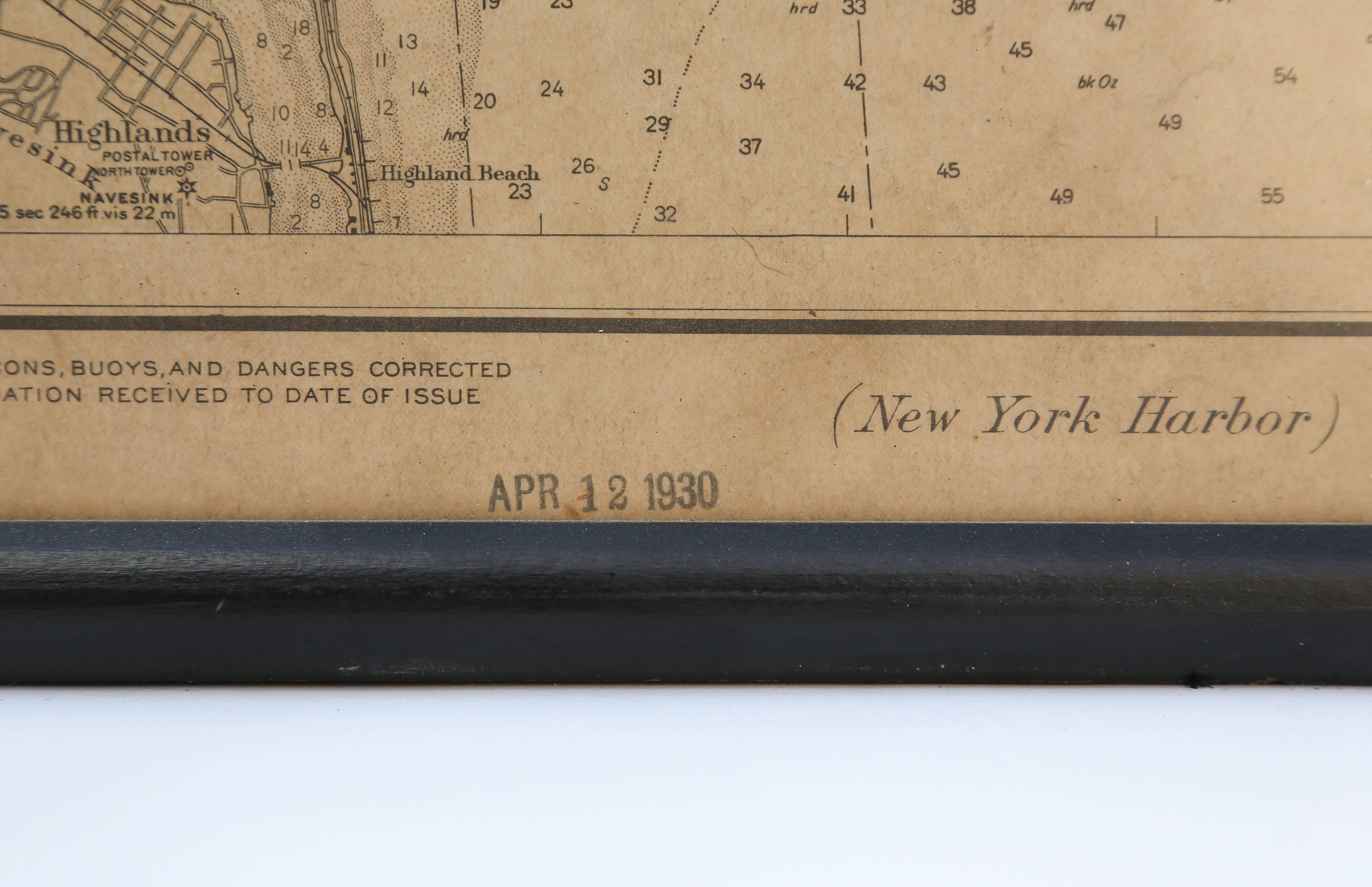 Mid-20th Century Vintage Map of New York Harbor, Framed, circa 1930 