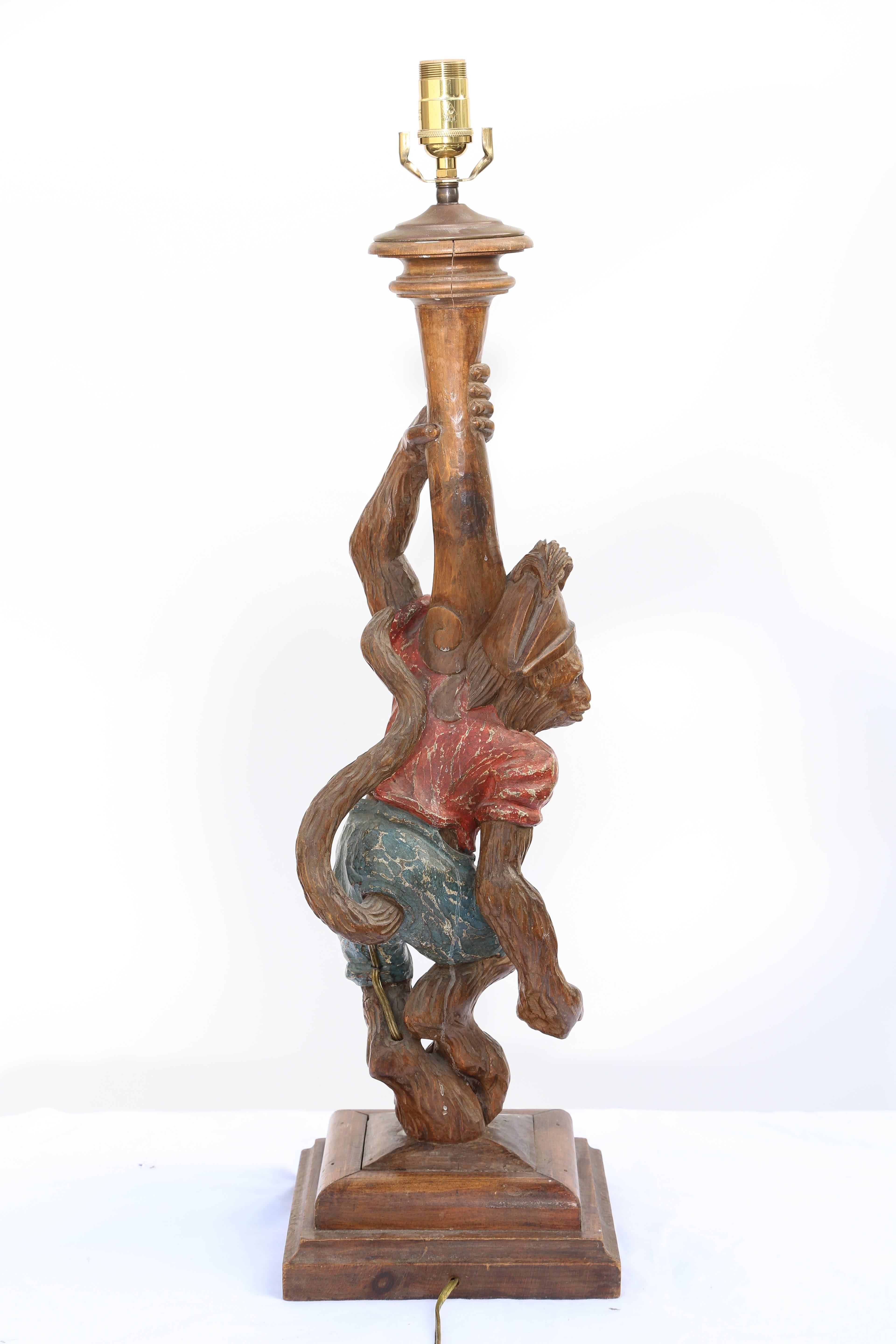 Italian Polychromed Carved Wood Monkey Figural Lamp For Sale