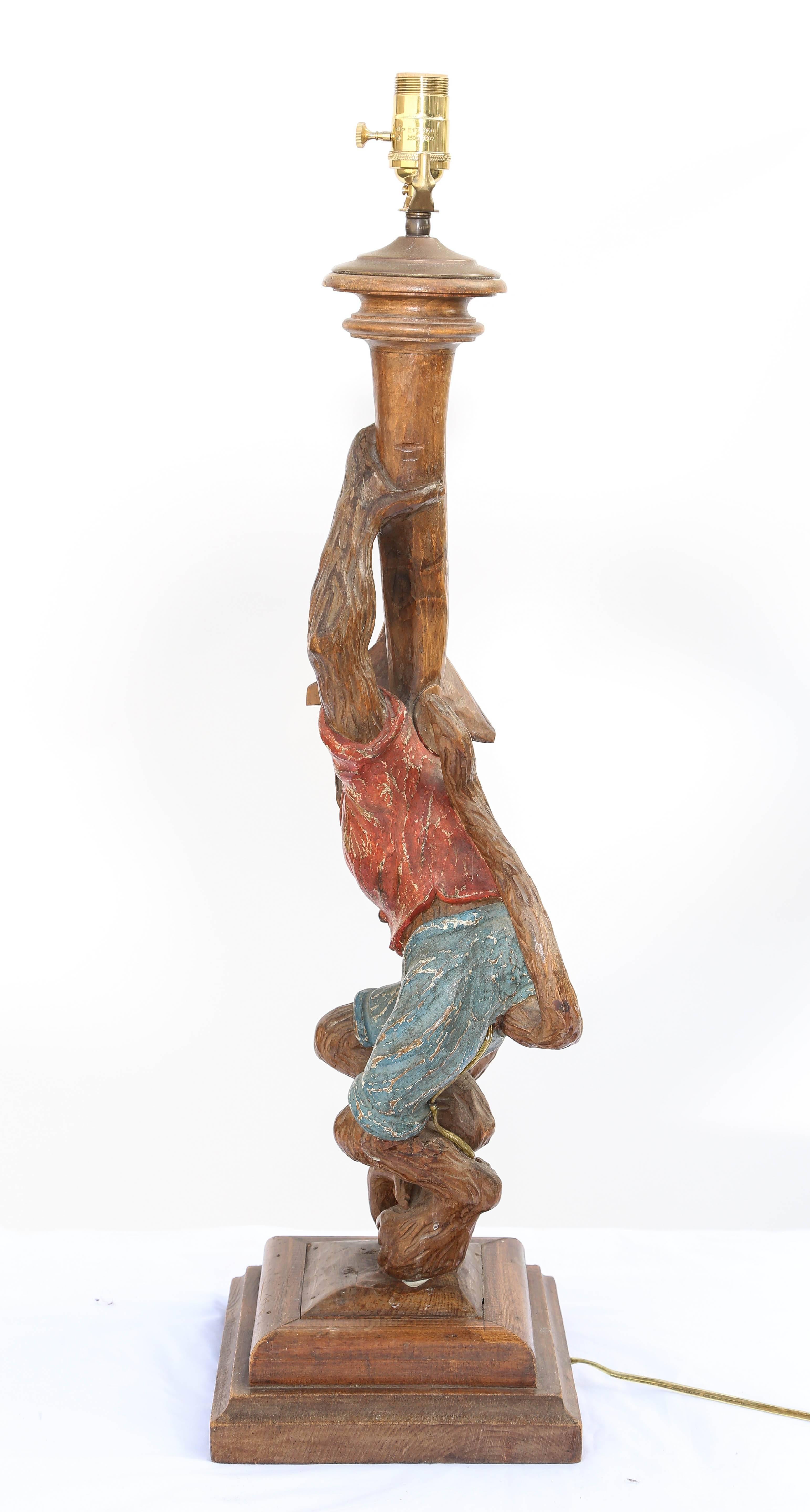 Late 20th Century Polychromed Carved Wood Monkey Figural Lamp For Sale