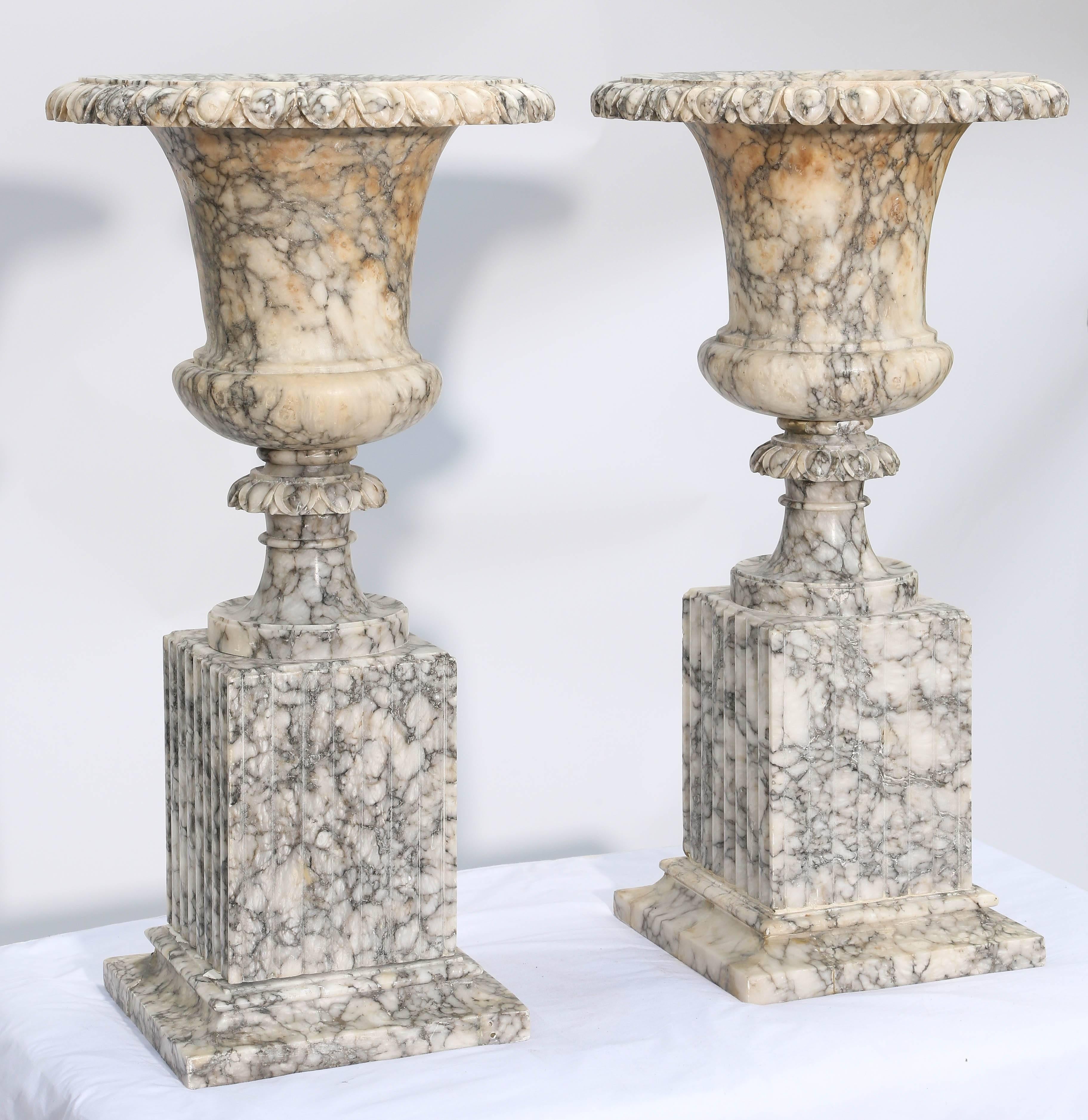 19th Century Pair of Carved Alabaster Urns