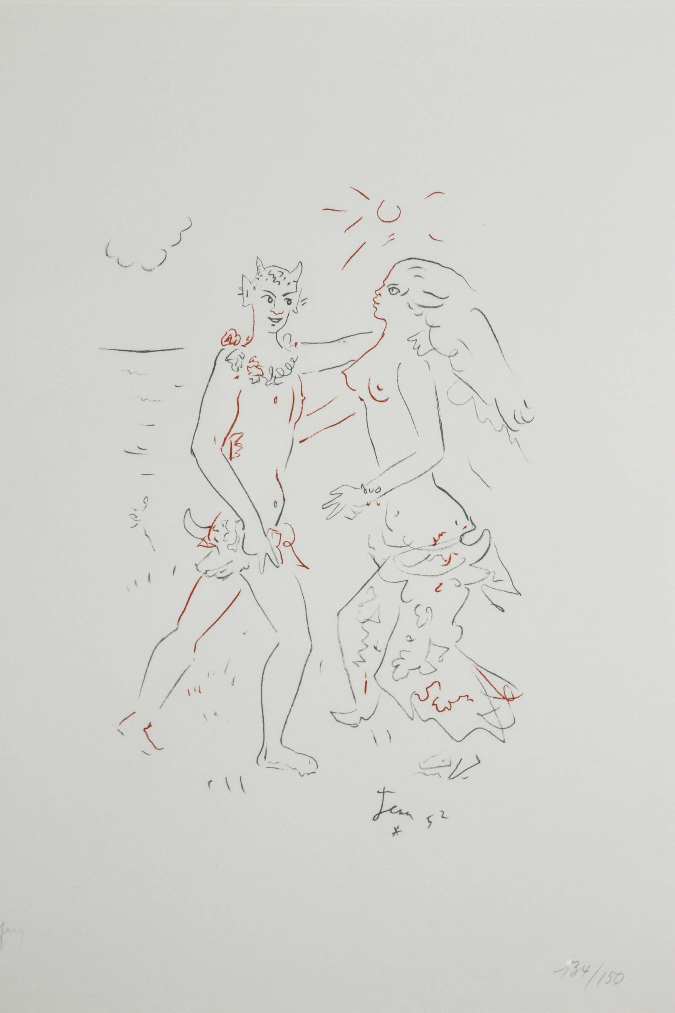 A beautiful image of lovers. This piece is marked 135/150. The print technique is stunning and looks like it was drawn yesterday. It was printed by jean Mourlot and is hand initialed by him. The Cocteau estate seal is present. it was not previously