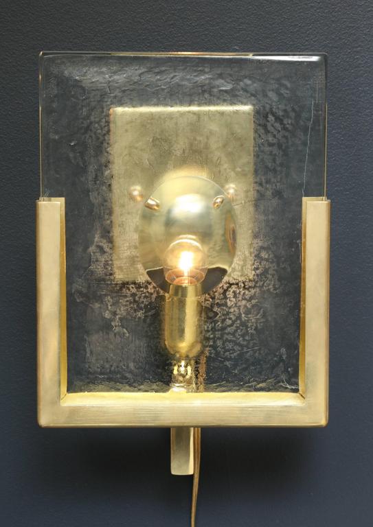 Pair of Italian Solid Murano Glass Block and Brass Sconces For Sale at 1stdibs