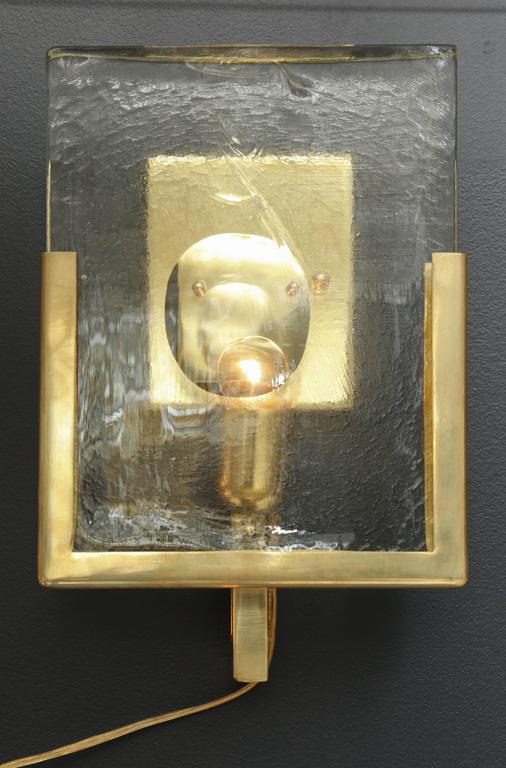 Pair of Italian Solid Murano Glass Block and Brass Sconces For Sale at 1stdibs