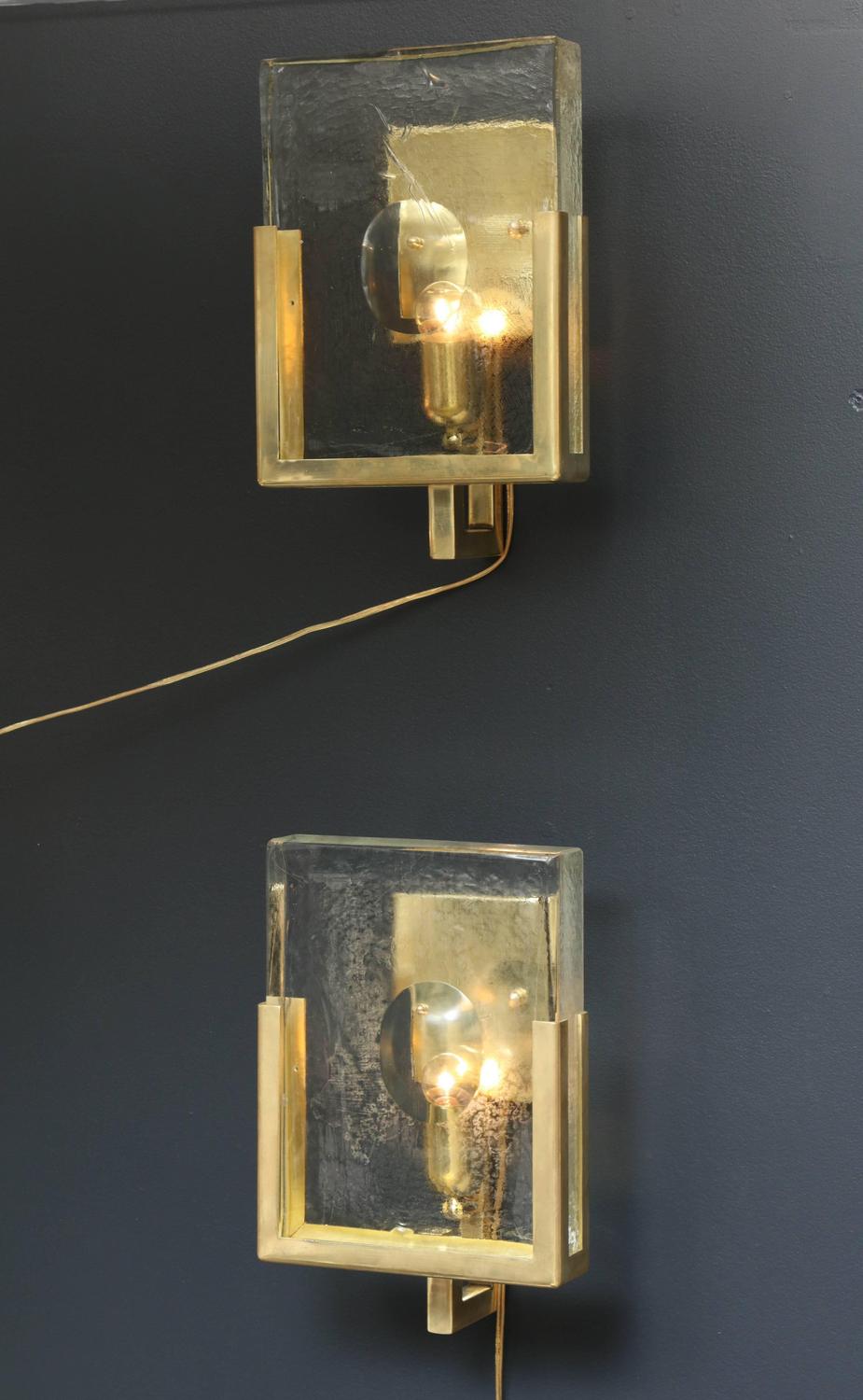 Pair of Italian Solid Murano Glass Block and Brass Sconces For Sale at 1stdibs