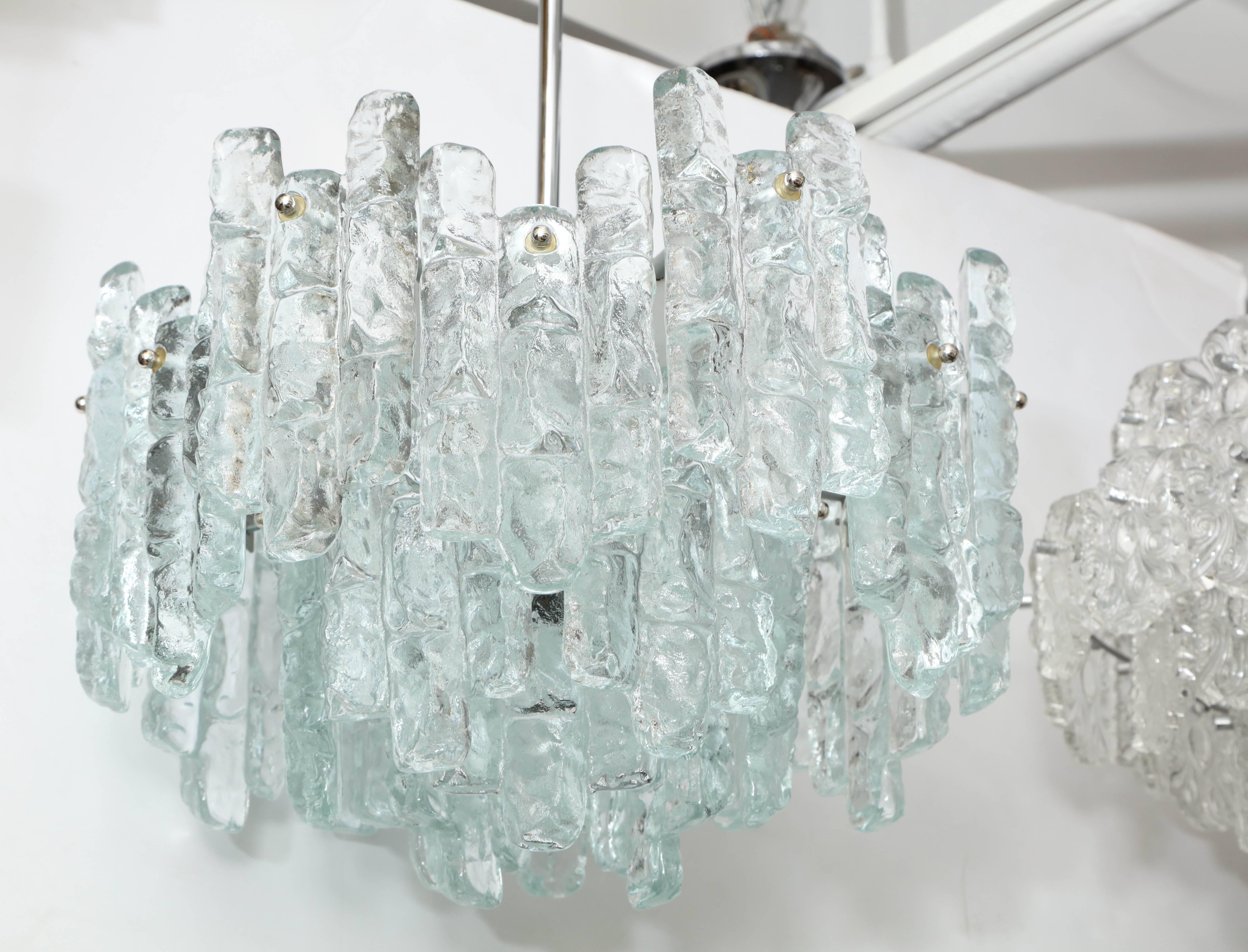 Large size ice glass panel chandelier by Kalmar. Glass panels attach to a satin nickel frame, stem and canopy. Rewired for use in the USA and uses candelabra type bulbs, 25W max each socket.