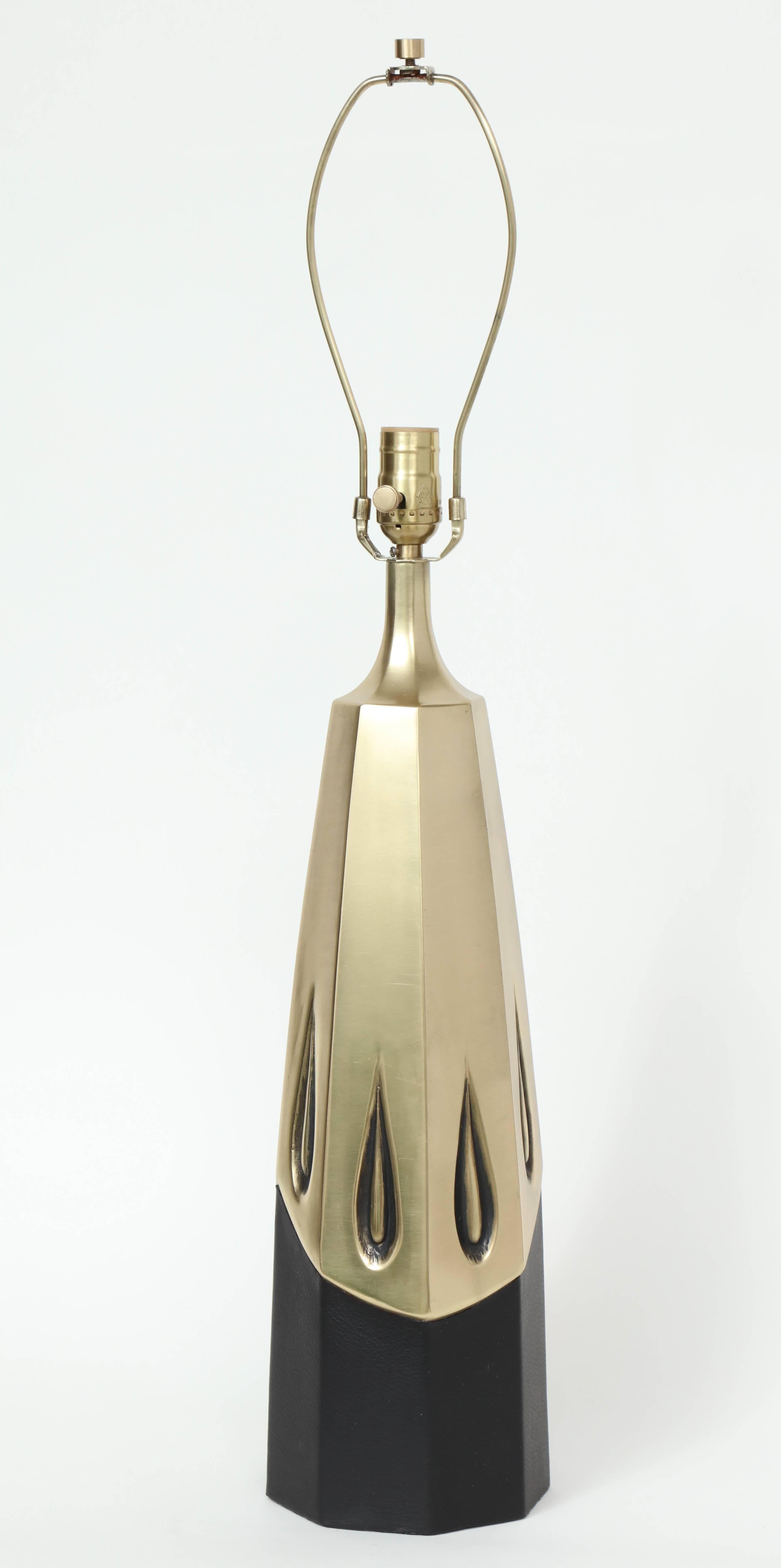 American Laurel Modernist Satin Brass and Leather Table Lamps