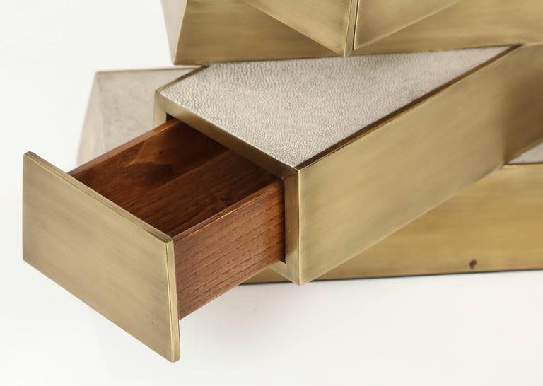 Brushed Shagreen and Brass Side Table, Designed with Drawers, Contemporary, Cream Color For Sale