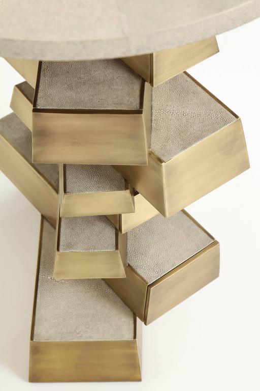 Shagreen and Brass Side Table, Designed with Drawers, Contemporary, Cream Color In New Condition For Sale In New York, NY