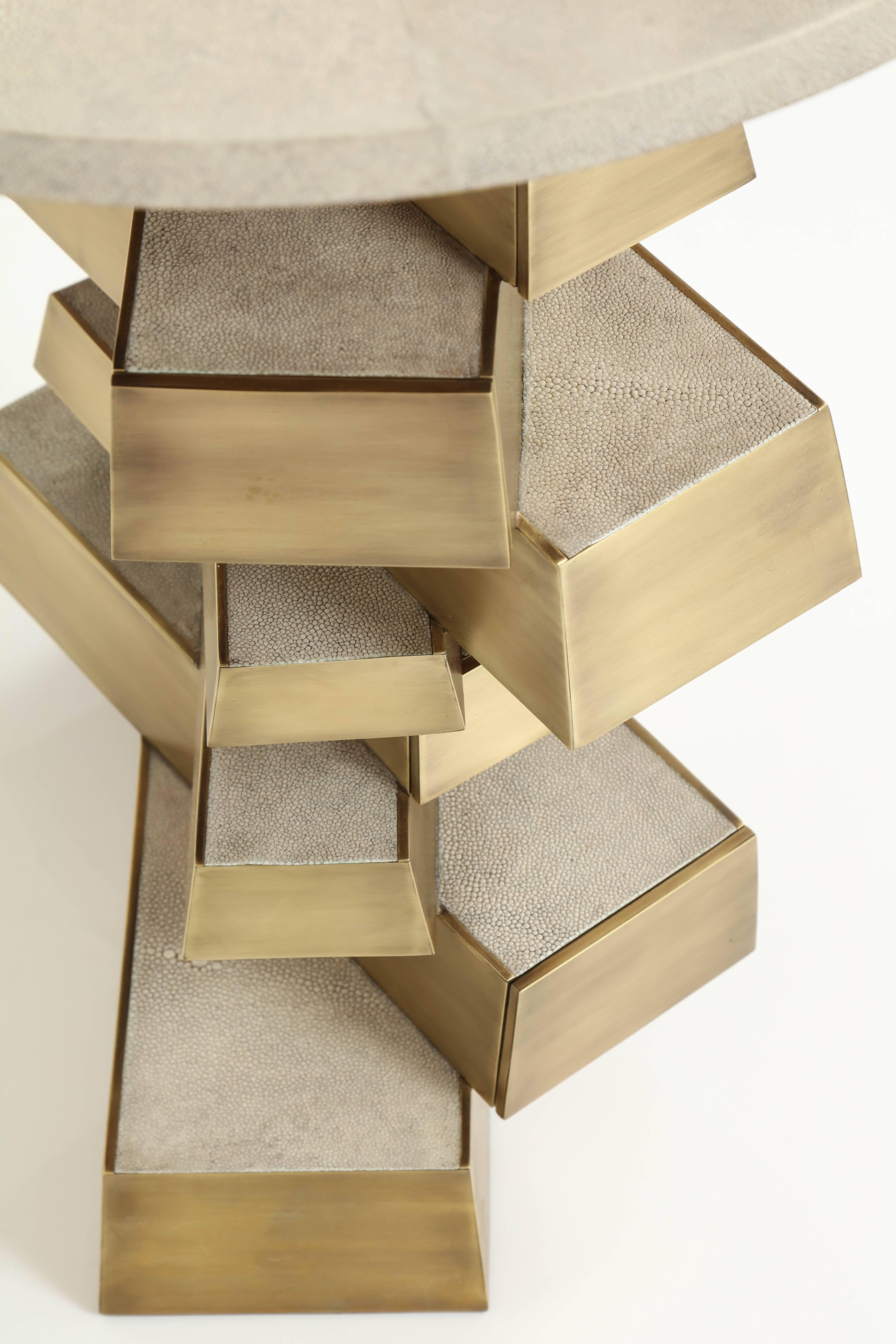 Modern Shagreen and Brass Side Table, Designed with Drawers, Contemporary, Cream Color