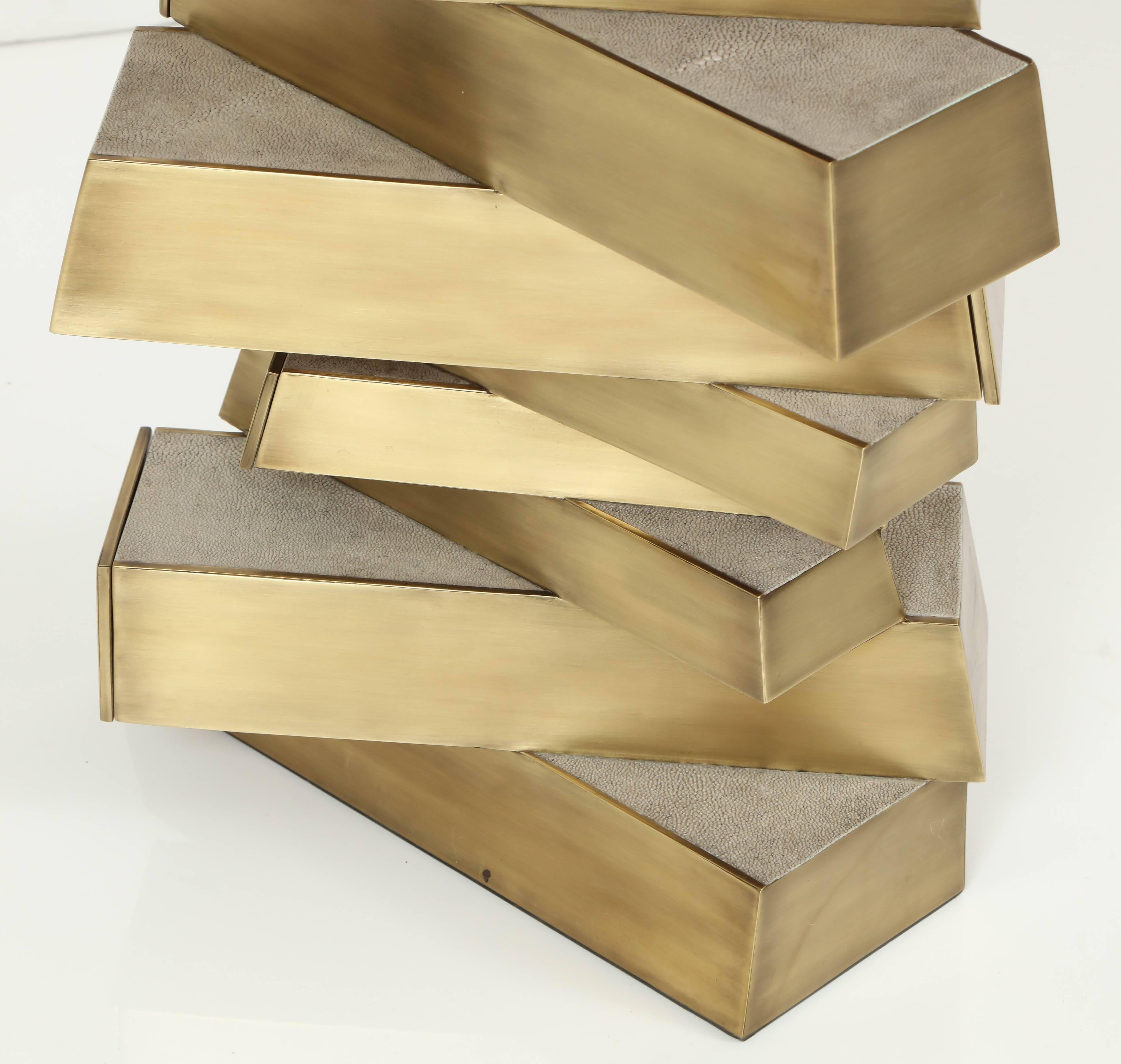 Brushed Shagreen and Brass Side Table, Designed with Drawers, Contemporary, Cream Color