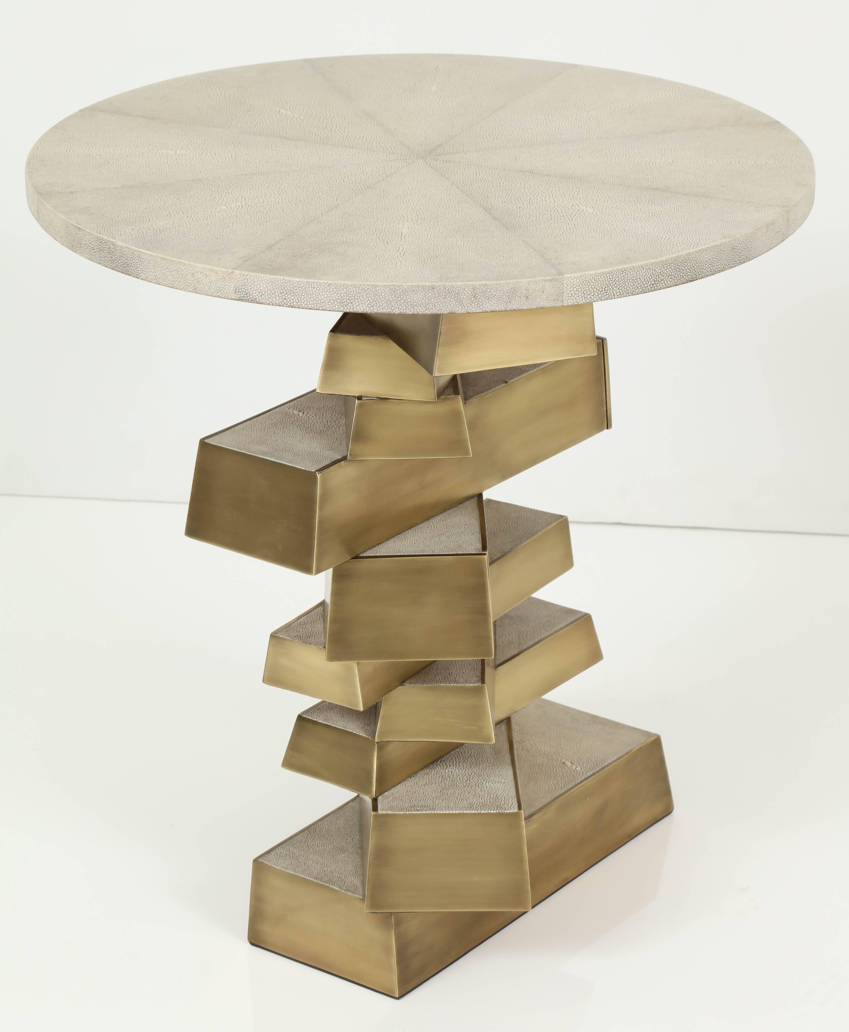 Shagreen and Brass Side Table, Designed with Drawers, Contemporary, Cream Color In New Condition In New York, NY