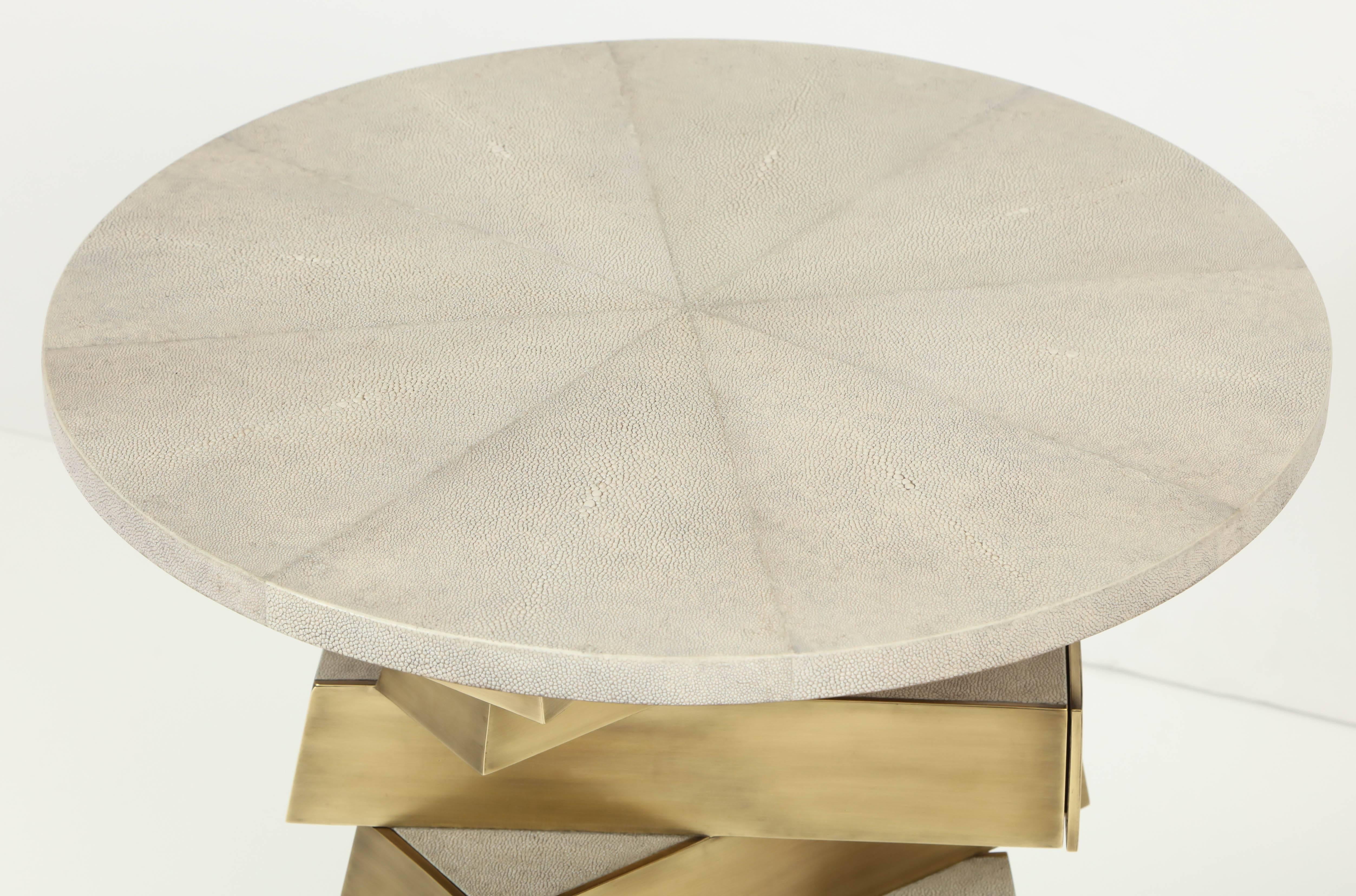 Shagreen and Brass Side Table, Designed with Drawers, Contemporary, Cream Color 1