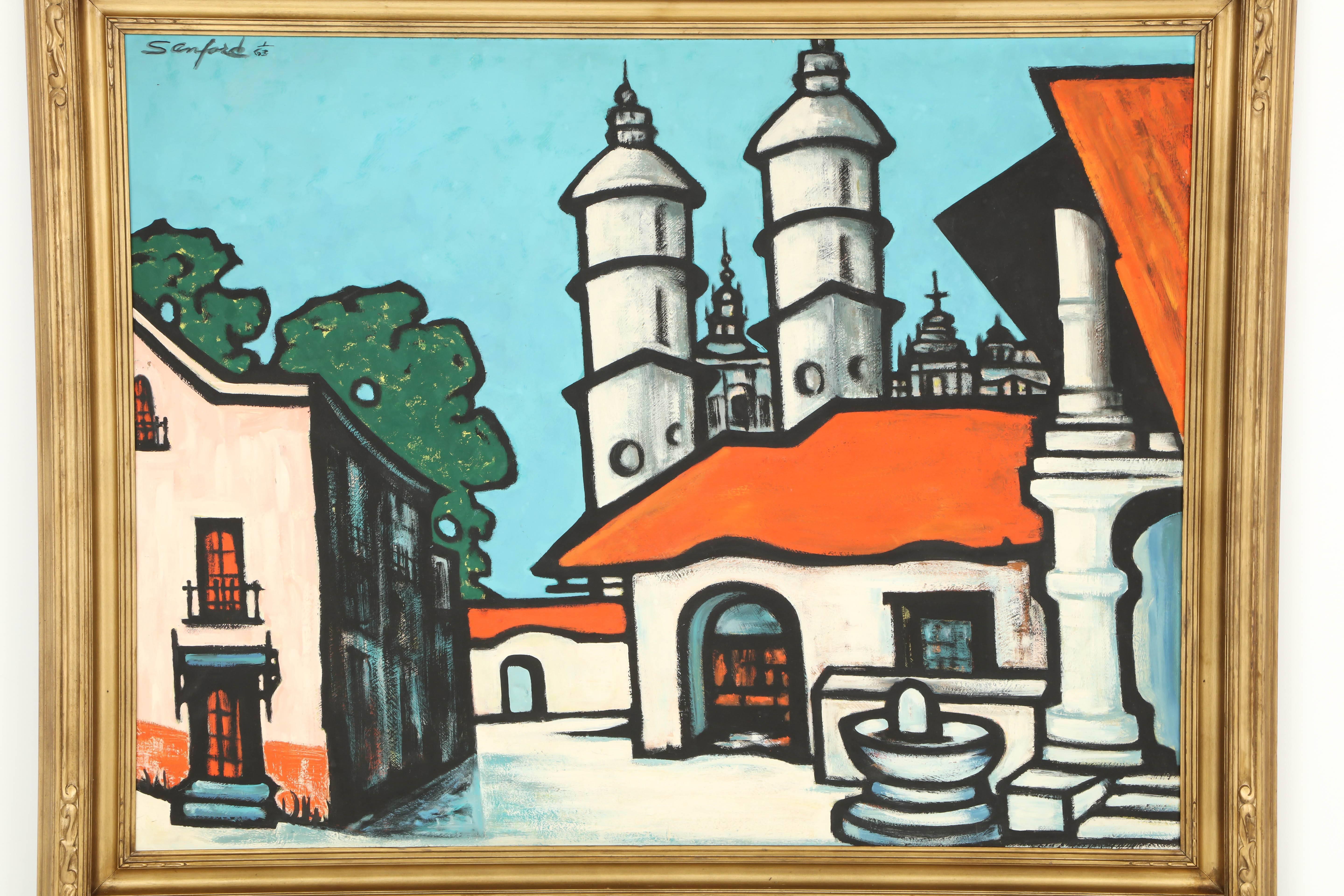 Decorative large oil painting by Sandford, circa 1963. Beautiful colors in a plaza of a village.