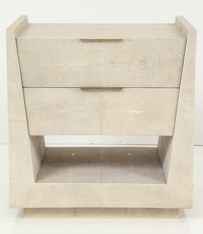 Shagreen Side Tables or Nightstands, Cream Color with Brass Handles