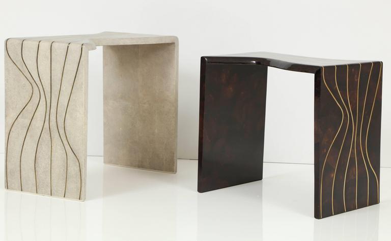 Art Deco Shagreen & Sea Shell Nesting Tables with Brass Details, Contemporary, In Stock For Sale