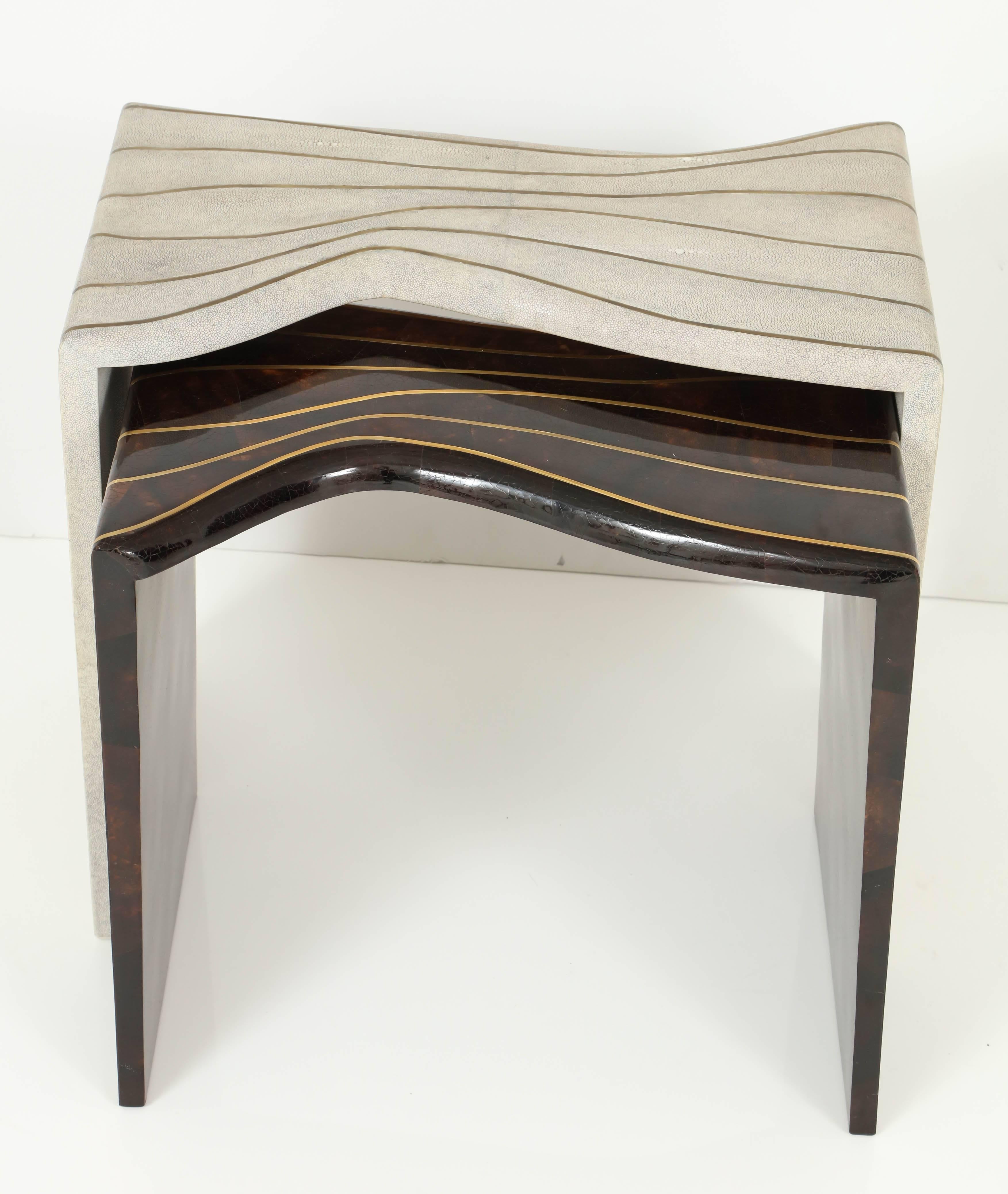 Shagreen & Sea Shell Nesting Tables with Brass Details, Contemporary, In Stock In New Condition For Sale In New York, NY