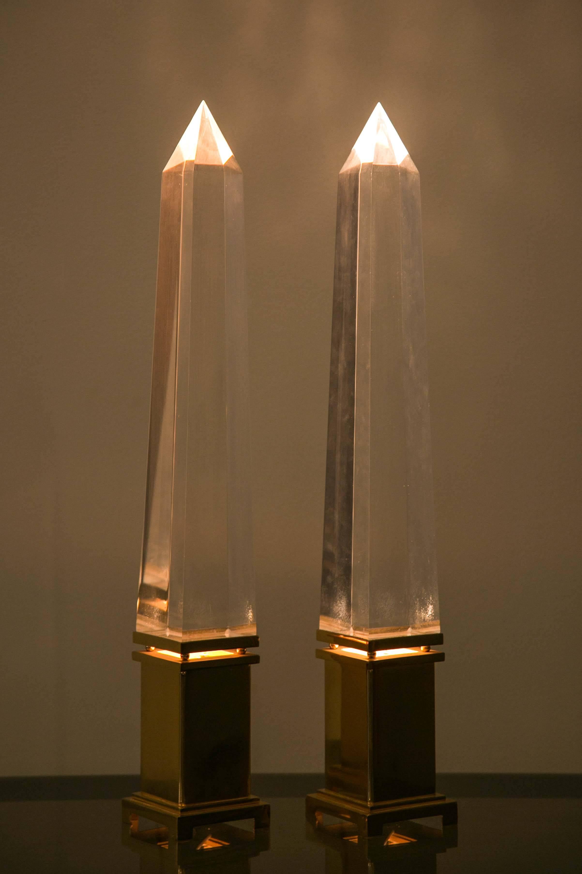 Acrylic Fine Pair of Obelisks Lamps For Sale