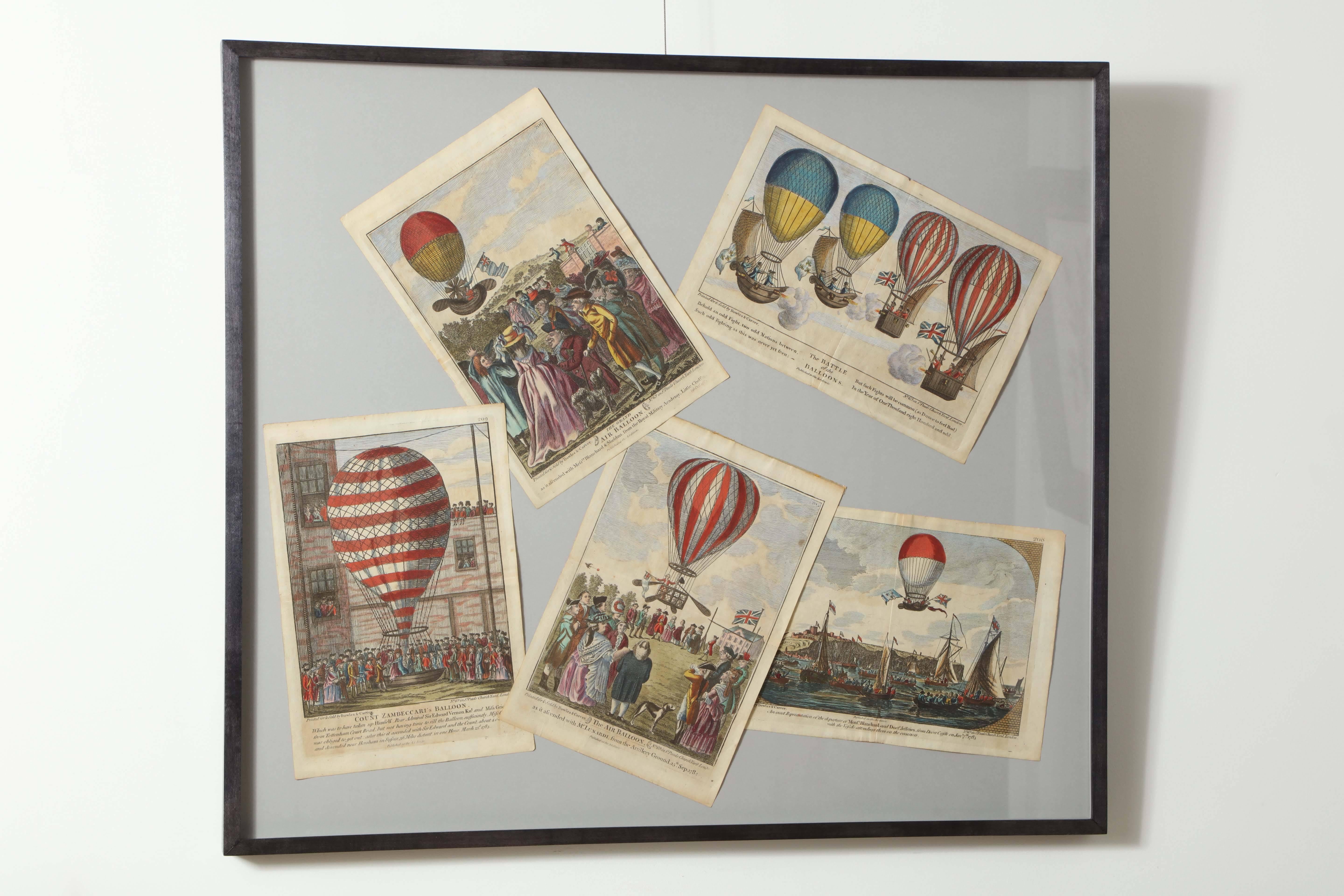 A set of early 19th century English balloon engravings documenting 18th century French ballooning scenes, dated 1801
mounted in a contemporary frame.
 
