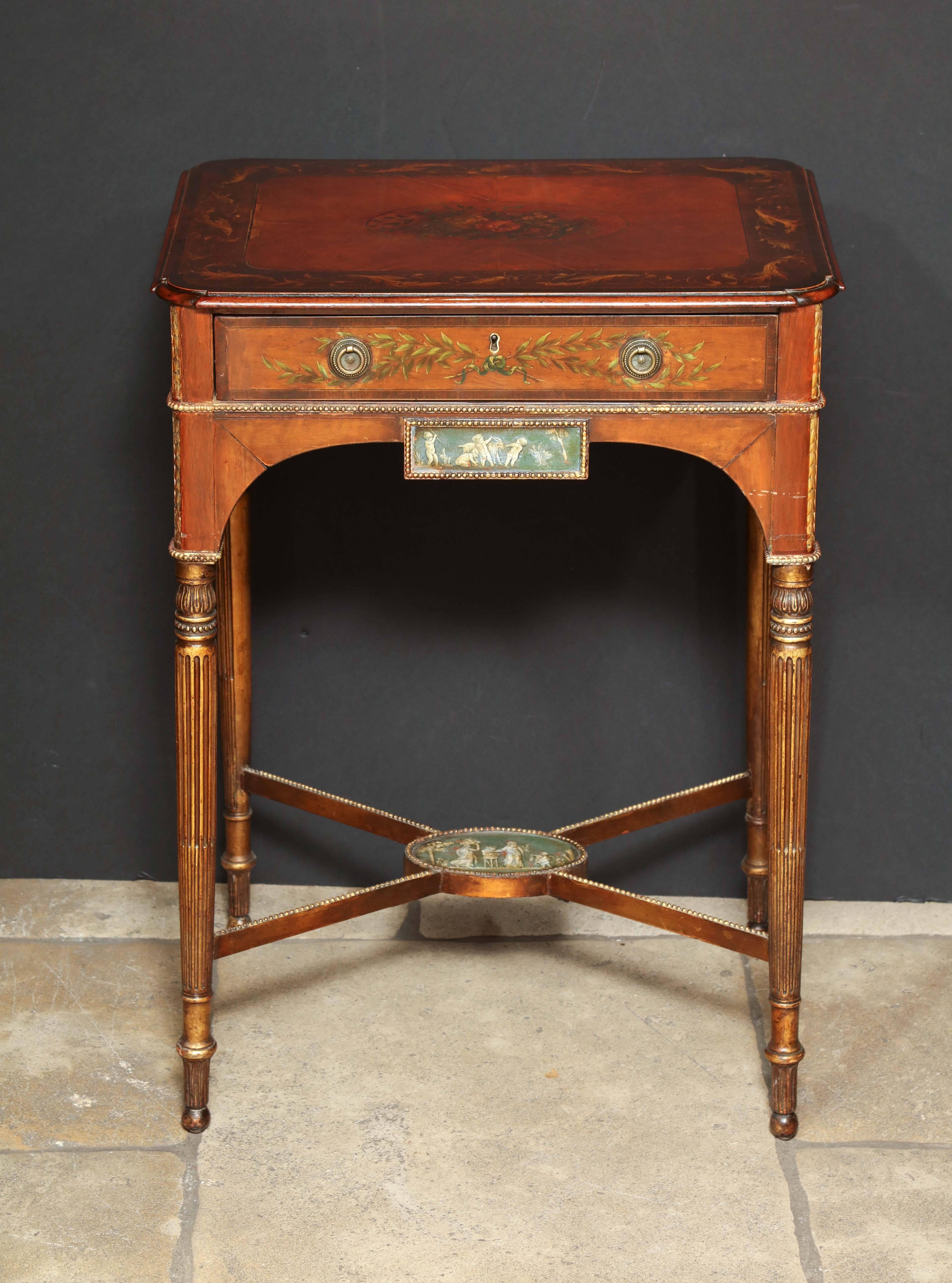A rare George III satinwood and floral paint decorated side table with single drawer, faux marble painted panels, stop fluted legs and stretcher base.