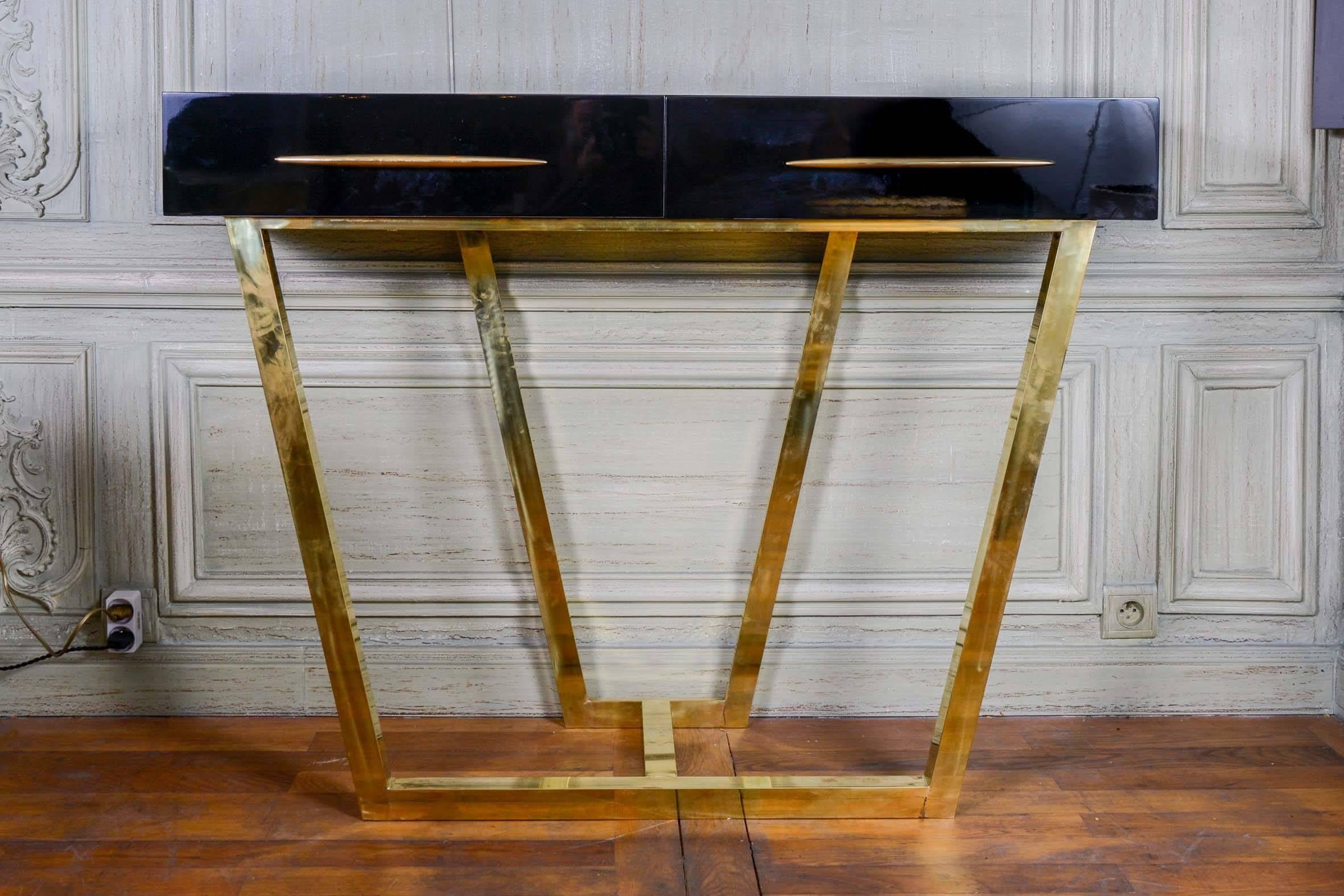 Pair of lacquered wood consoles with two drawers, brass basement.