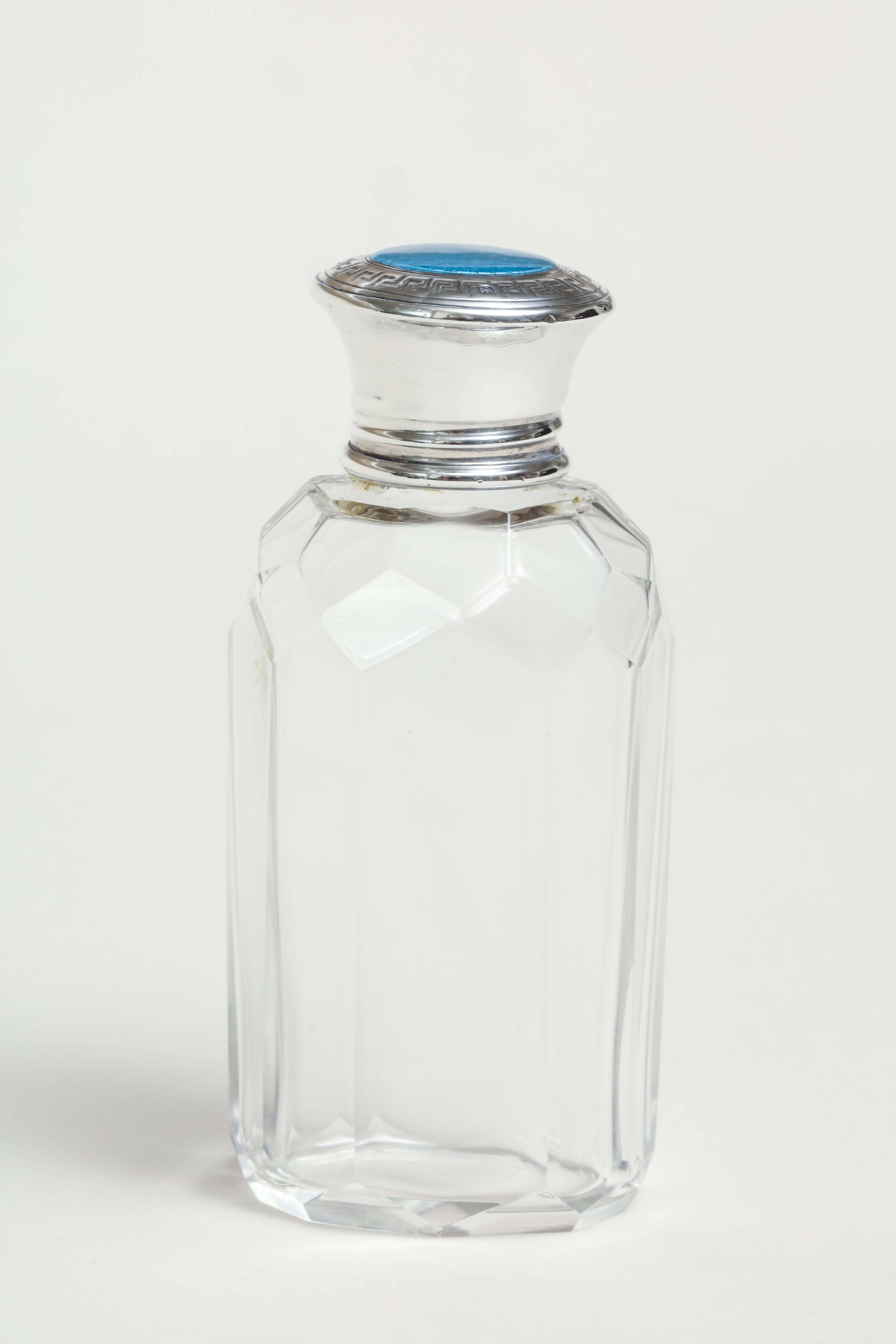 English Art Deco Crystal & Sterling Silver Guilloche Scent Bottle In Excellent Condition In New York, NY