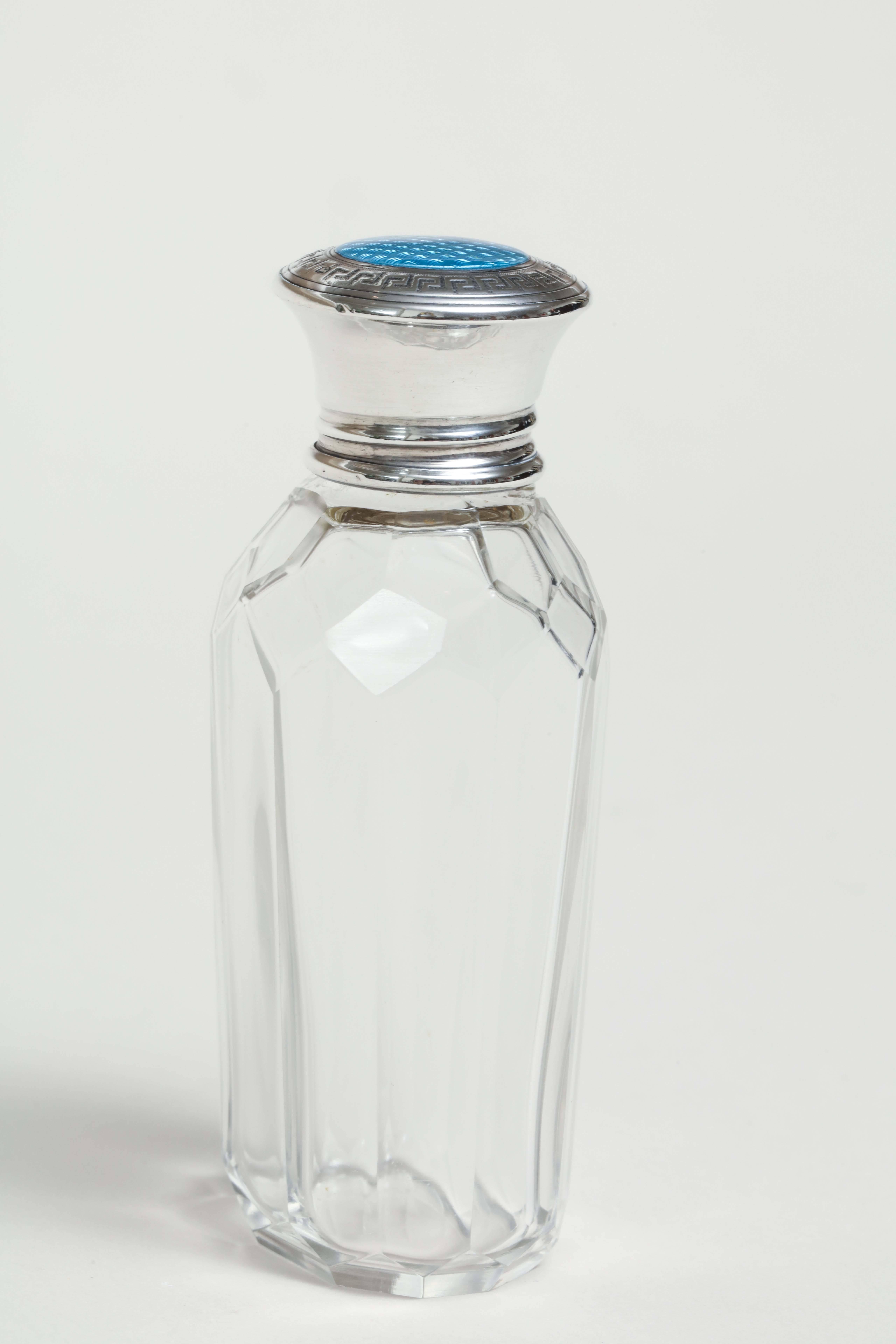 20th Century English Art Deco Crystal & Sterling Silver Guilloche Scent Bottle
