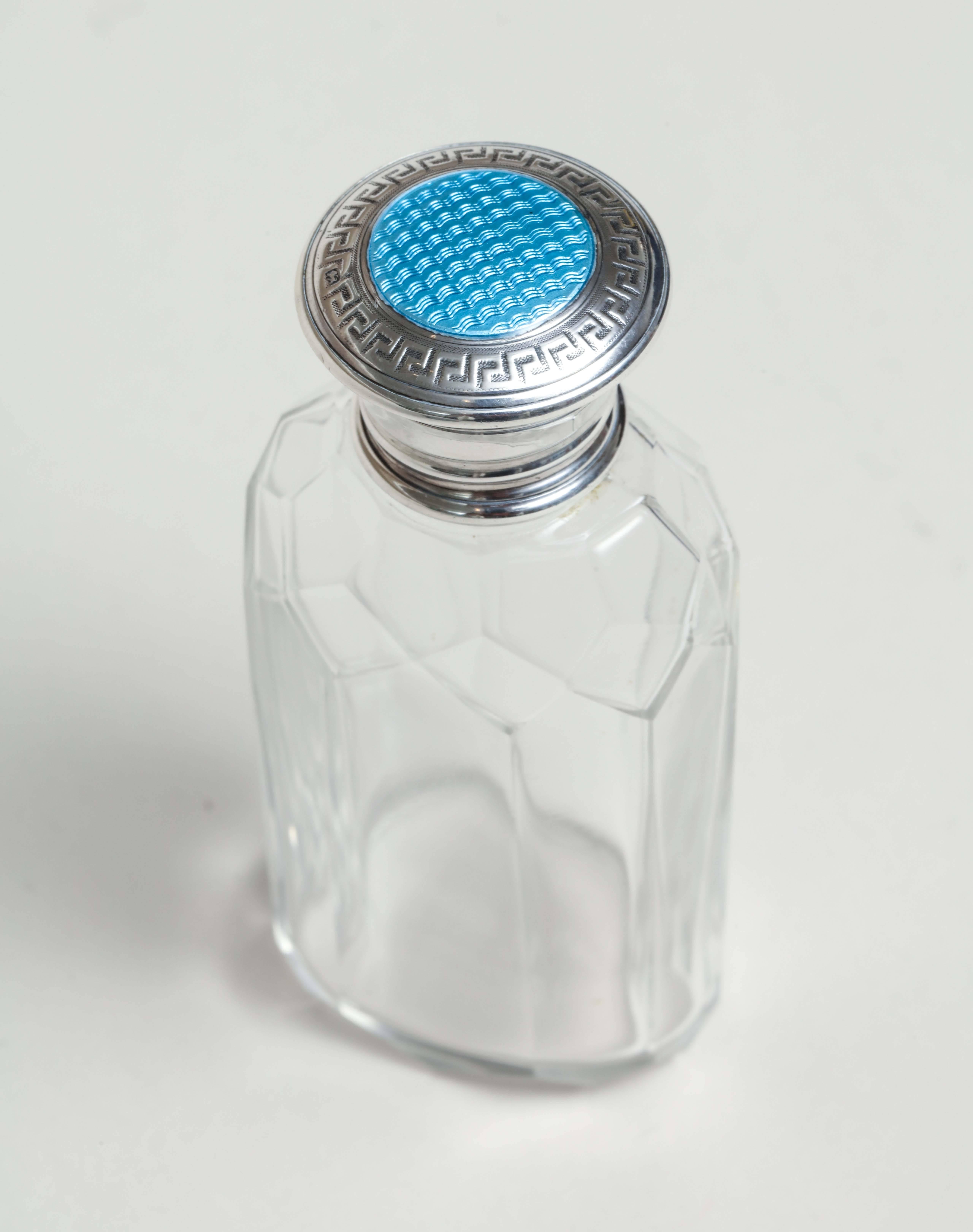 Enamel English Art Deco Crystal & Sterling Silver Guilloche Scent Bottle