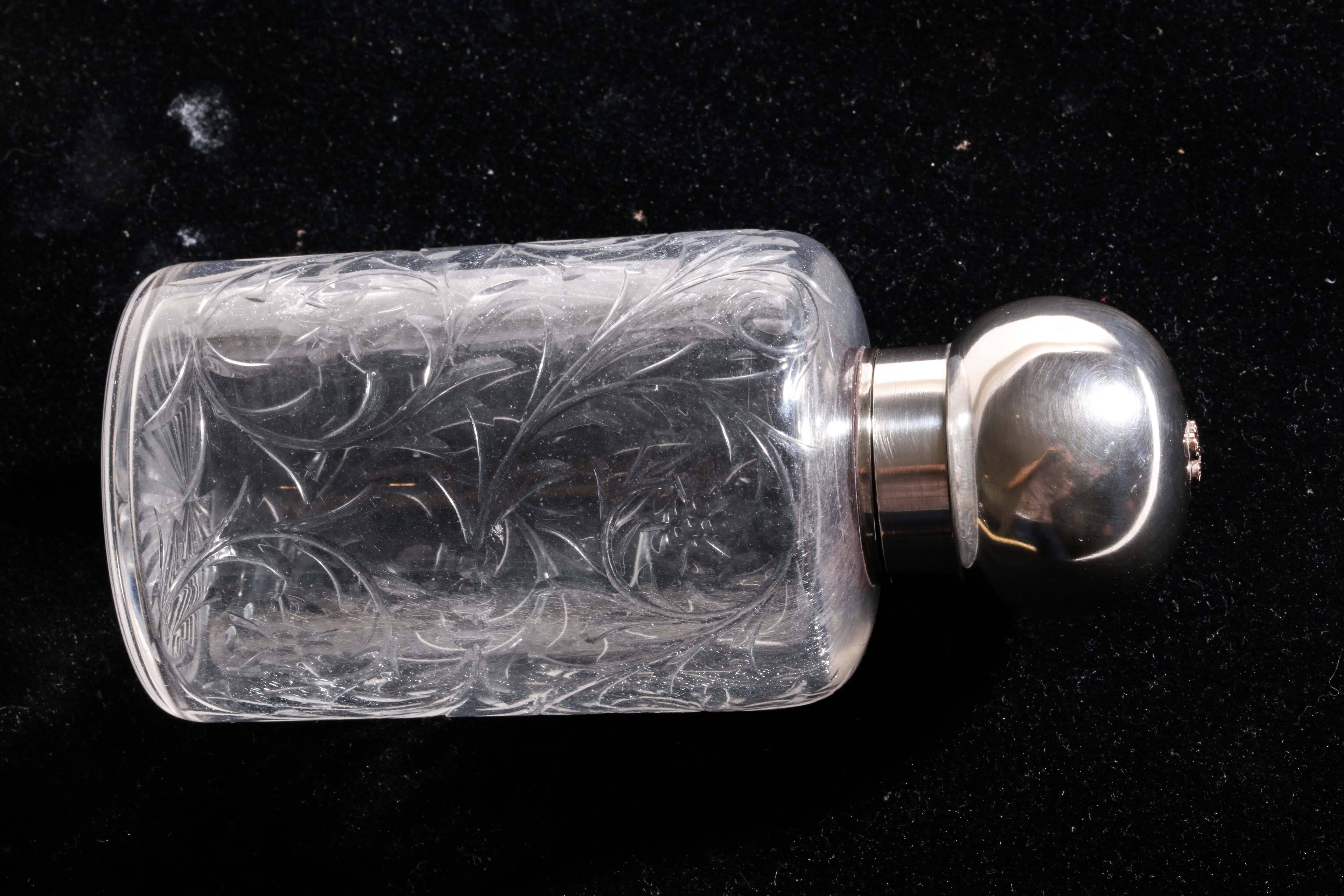 20th Century Gustave Keller Freres French Art Deco Crystal Bottle with Sterling Silver Top