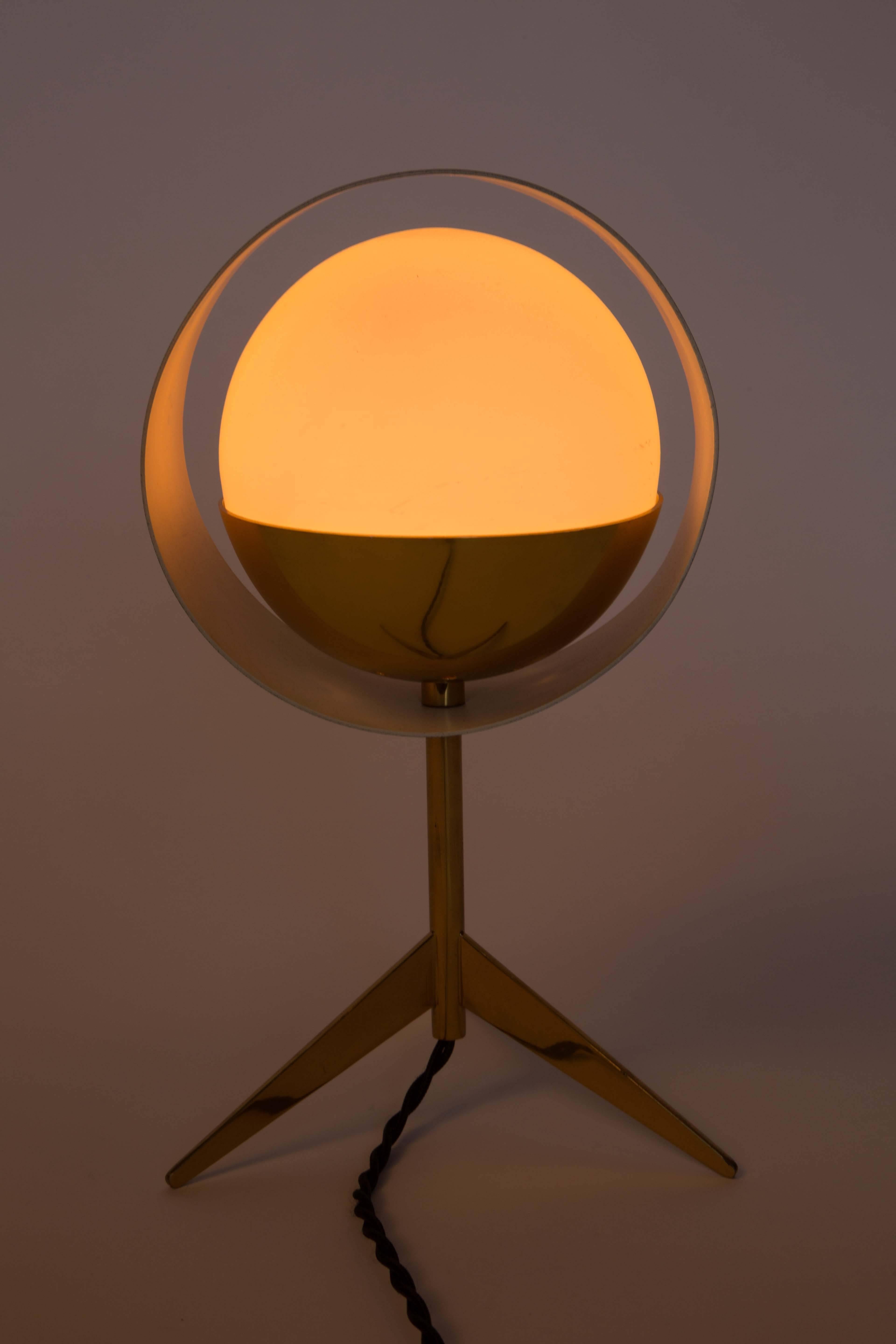 Painted 1950s Stilux Milano Brass and Glass Tripod 'Saturn' Table Lamp
