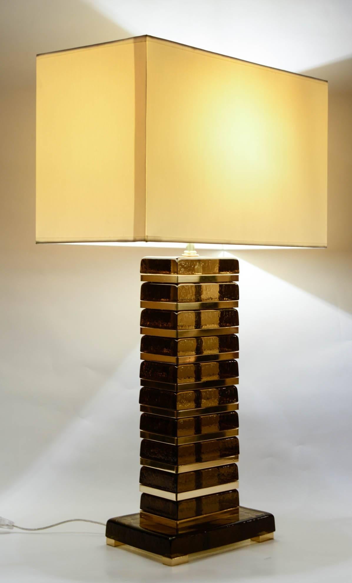 Contemporary Pair of Lamps with Smoked Glass and Brass Designed by Juanluca Fontana For Sale