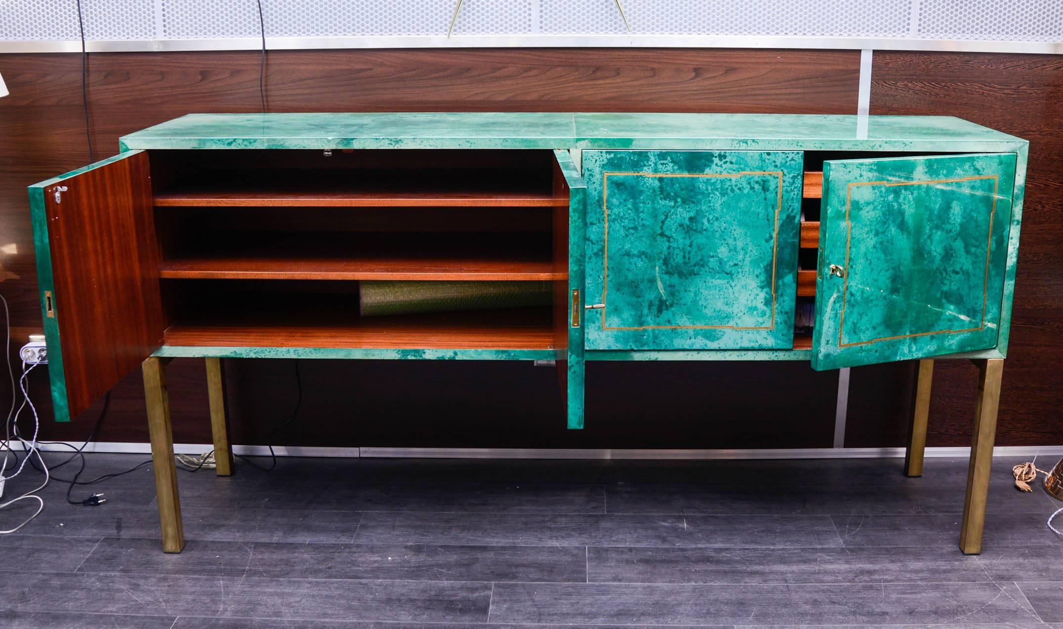 Rare Green Parchment Sideboard by Aldo Tura In Good Condition In Bois-Colombes, FR
