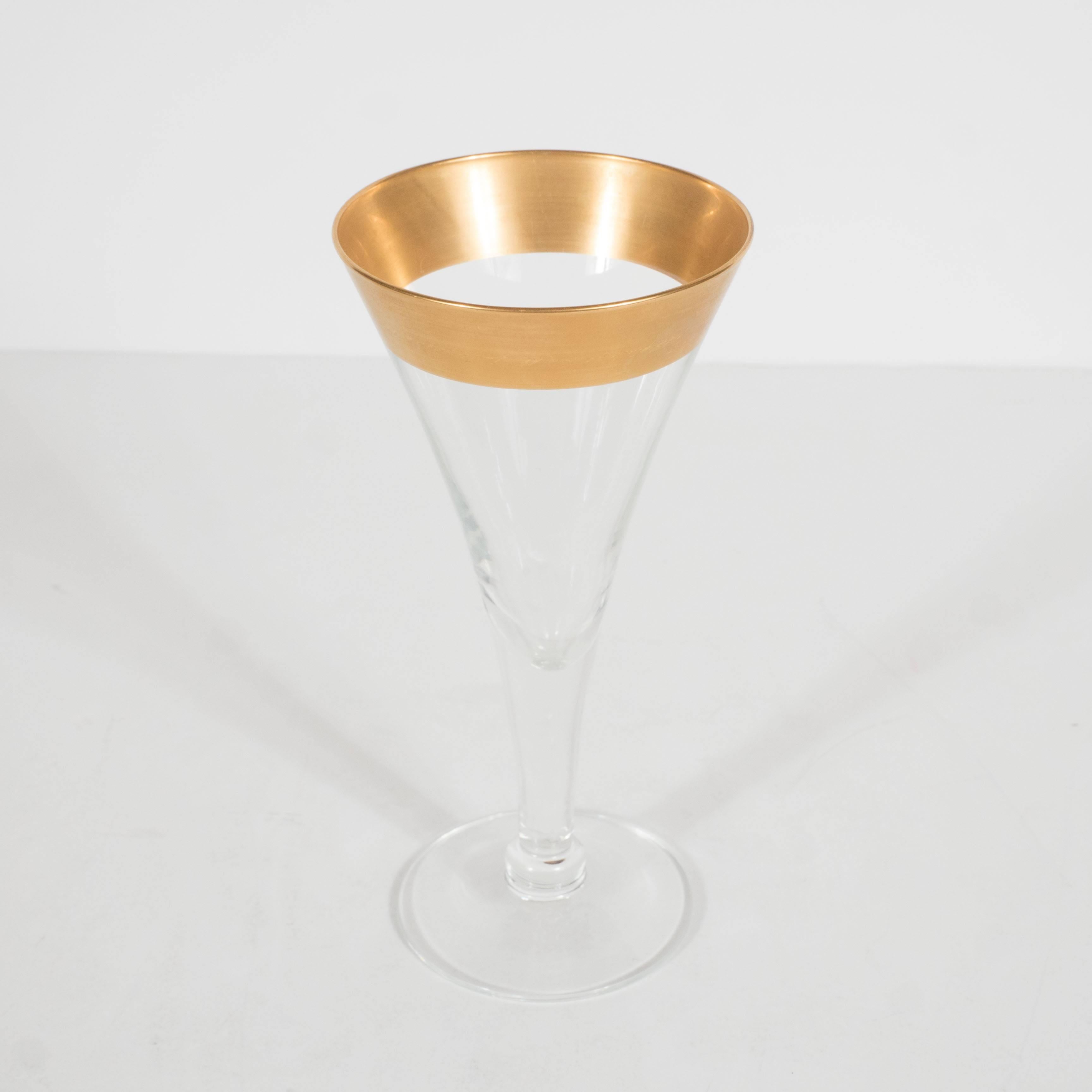 Blown Glass Stunning Mid-Century Set of Gold Rimmed Champagne Flutes by Dorothy Thorpe