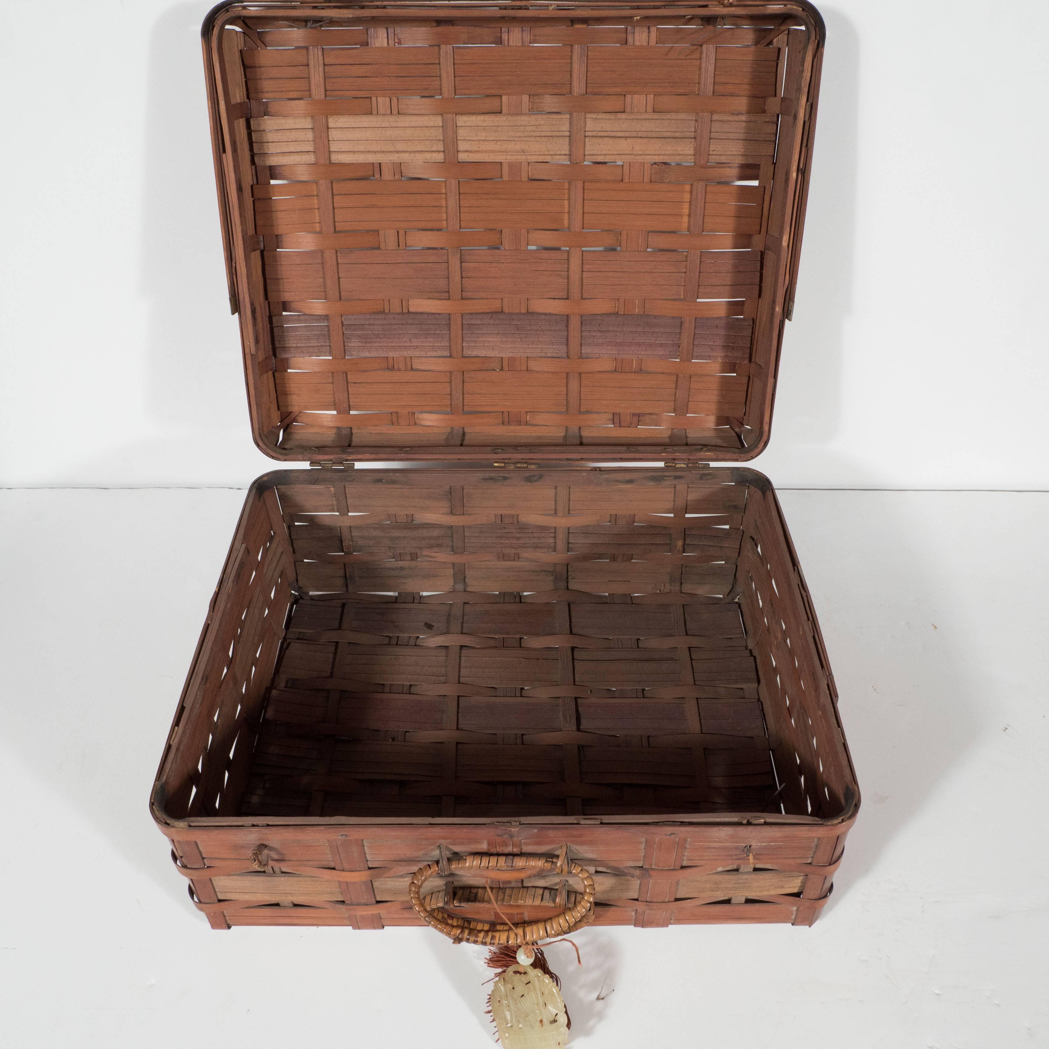 Two Korean Antique Dowery Boxes in Brown Rattan and Red Papier-Mâché For Sale 1