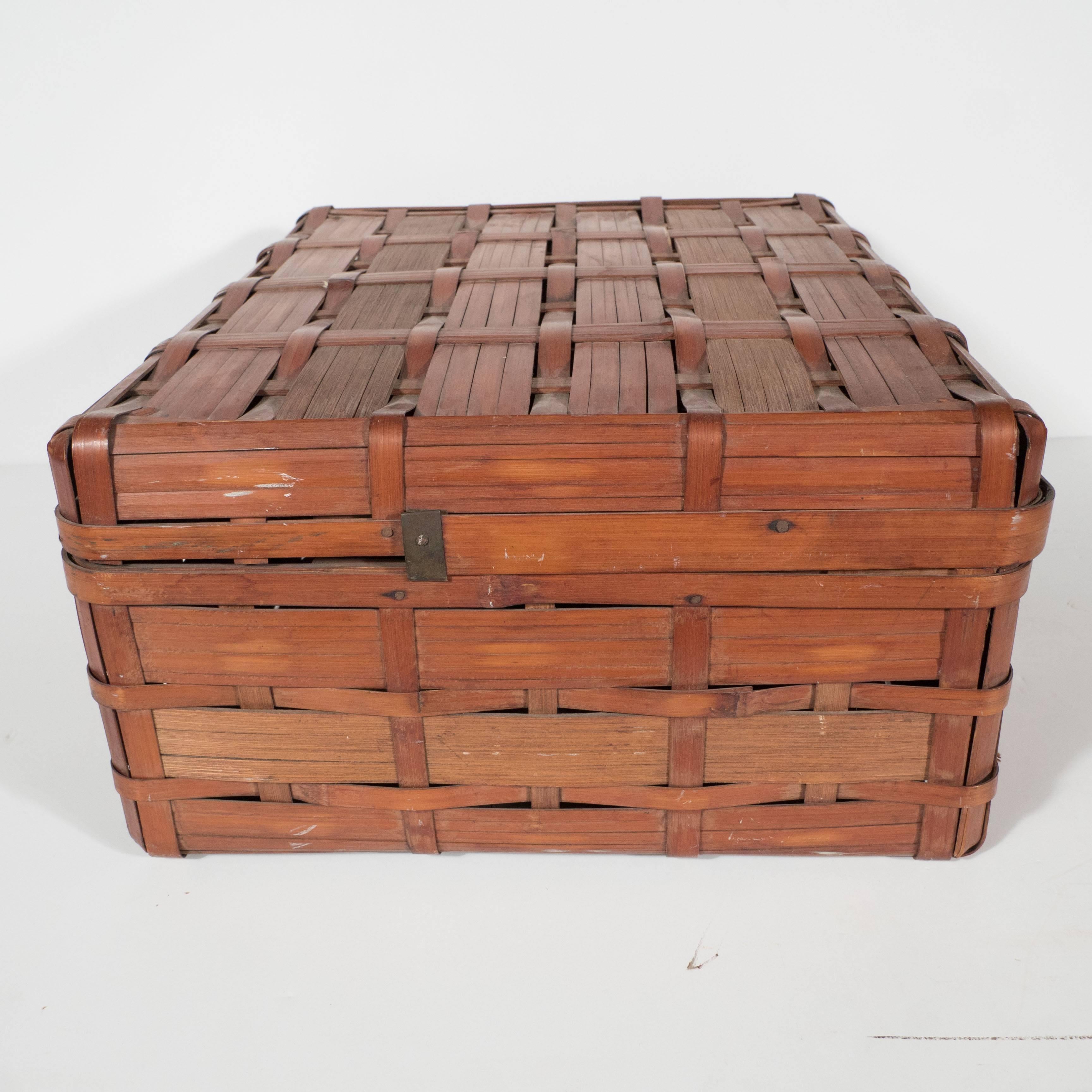 Two Korean Antique Dowery Boxes in Brown Rattan and Red Papier-Mâché For Sale 3