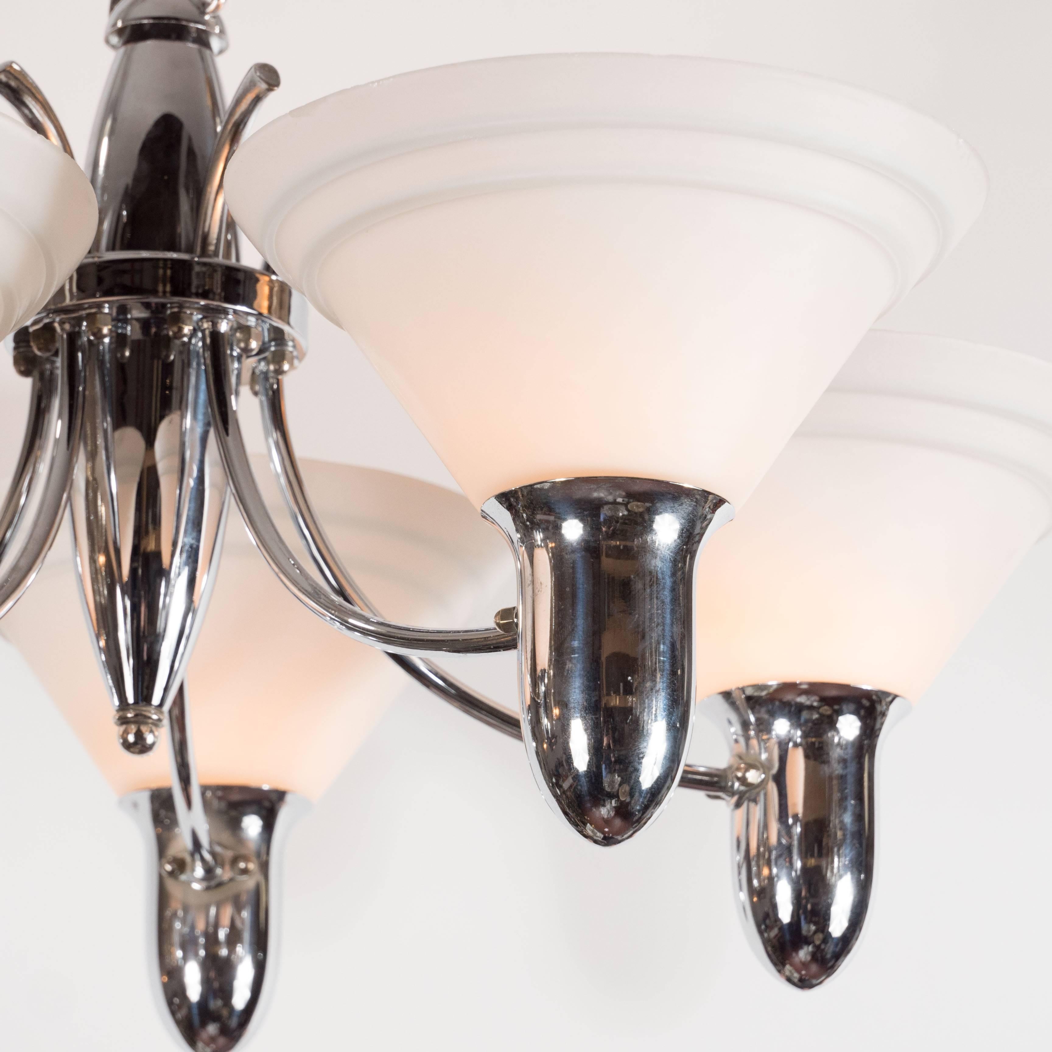 American Art Deco Machine Age Chrome and Glass Bullet Chandelier with Linear Detailing For Sale