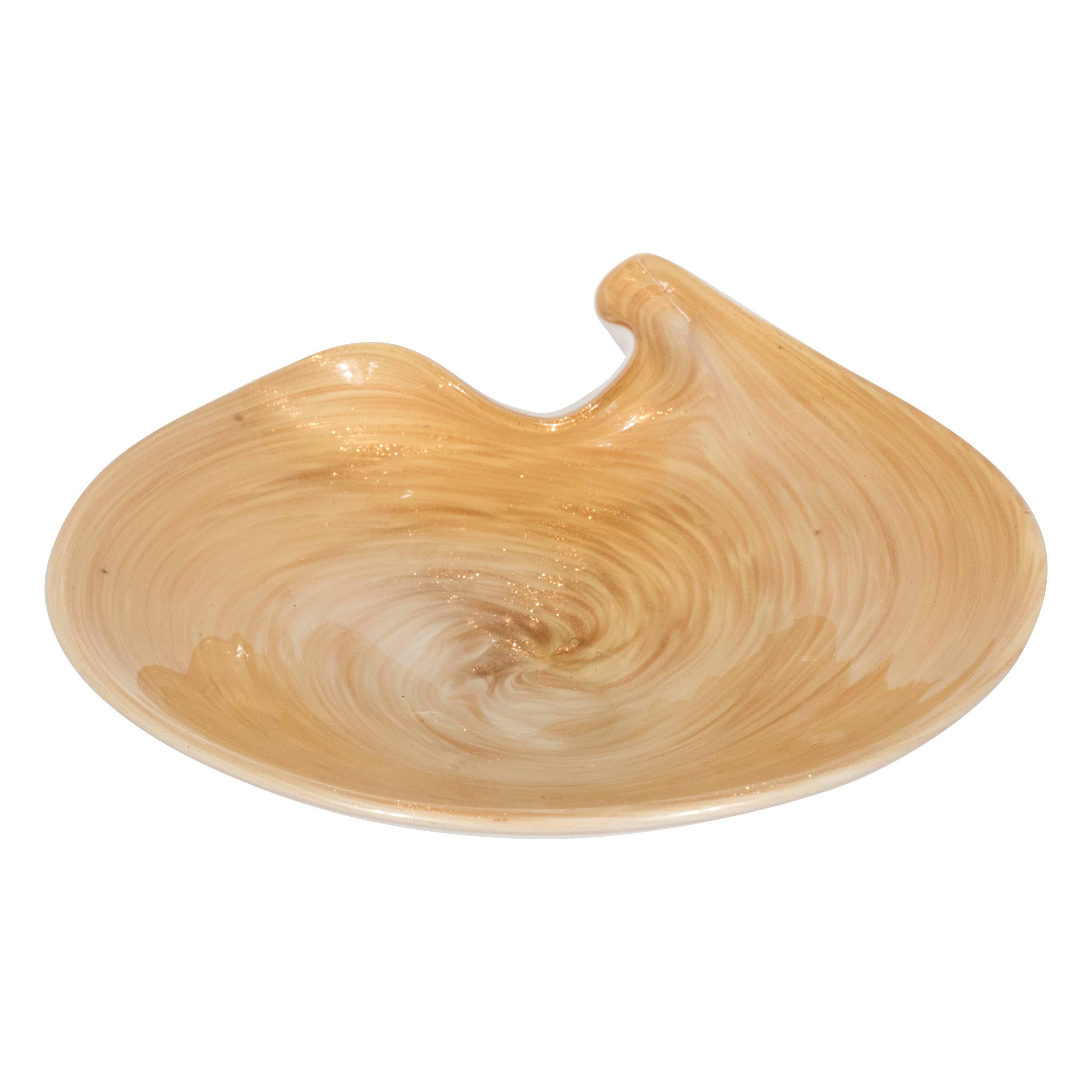 Mid-Century Modernist Murano Swirl Palette Bowl in 24-Karat Gold Dust and Cream