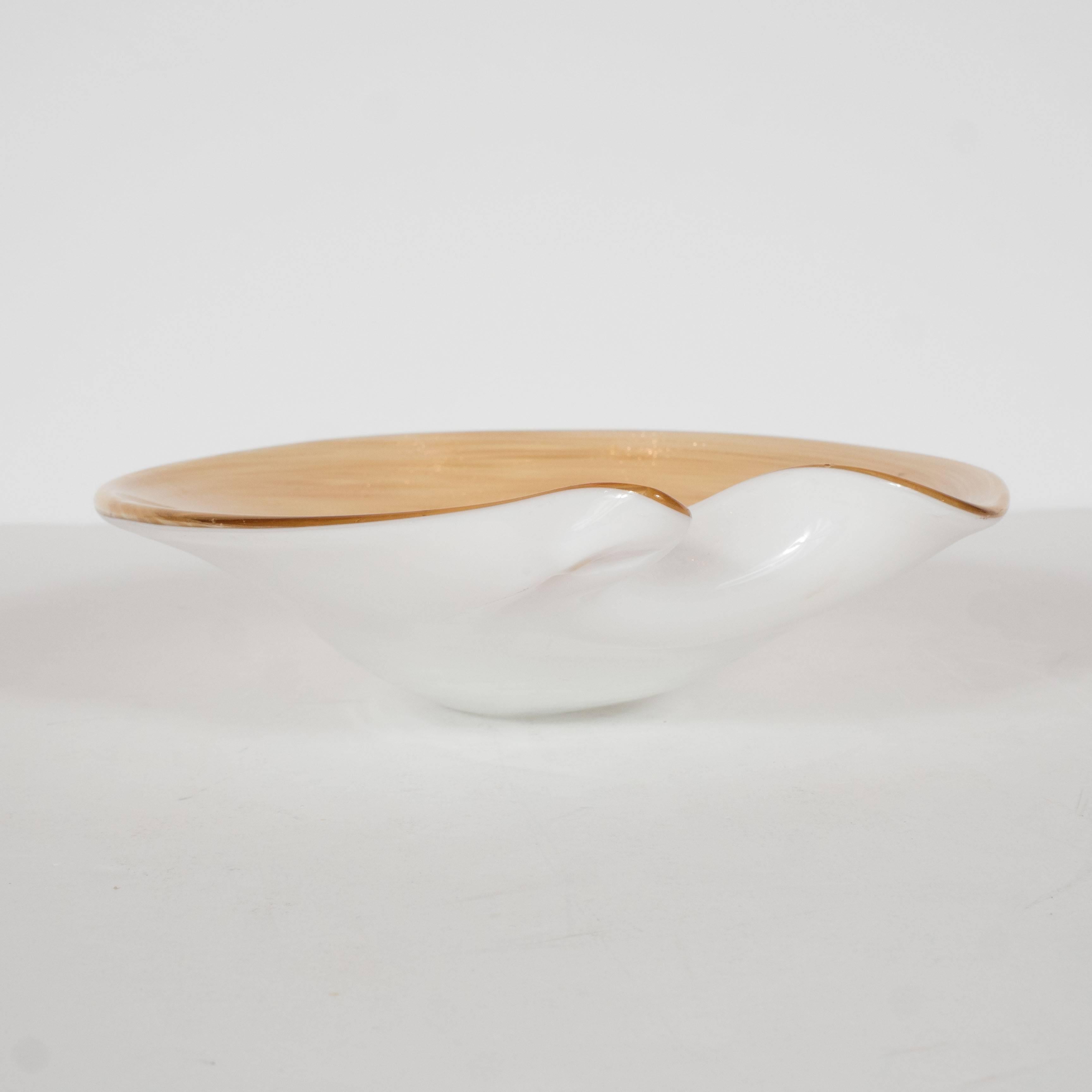 Murano Glass Mid-Century Modernist Murano Swirl Palette Bowl in 24-Karat Gold Dust and Cream