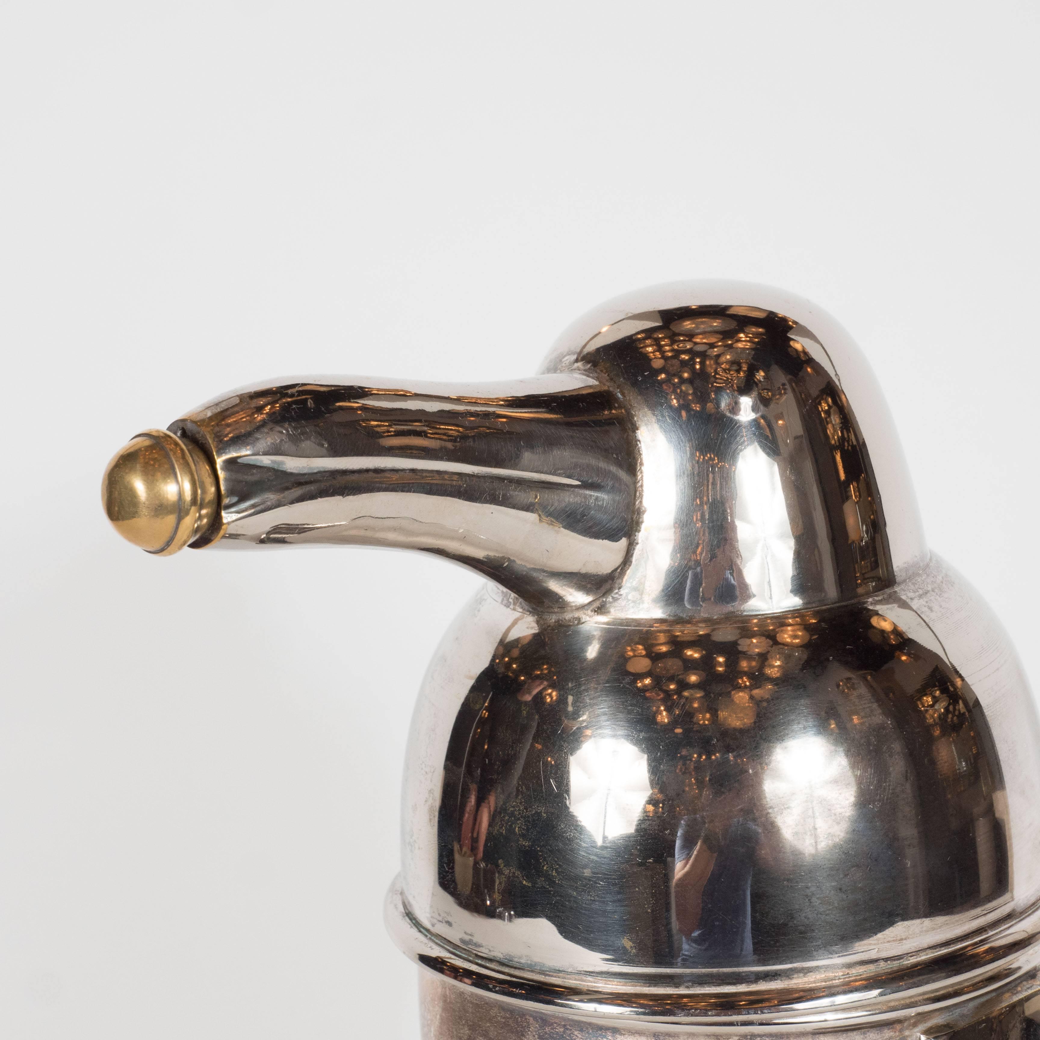 American Art Deco Style Penguin Cocktail Shaker in Silver Plate with Brass Stopper