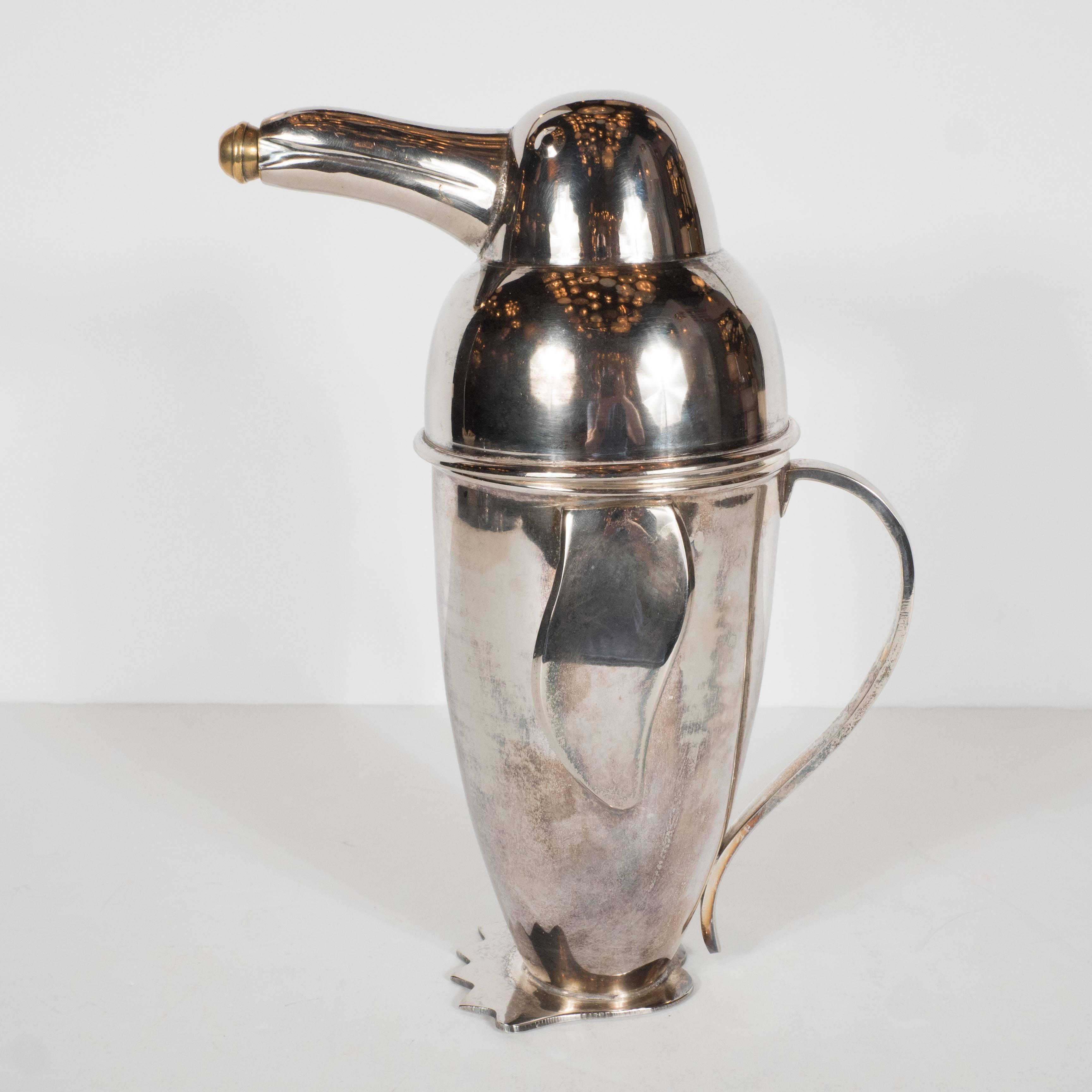 Art Deco Style Penguin Cocktail Shaker in Silver Plate with Brass Stopper In Excellent Condition In New York, NY