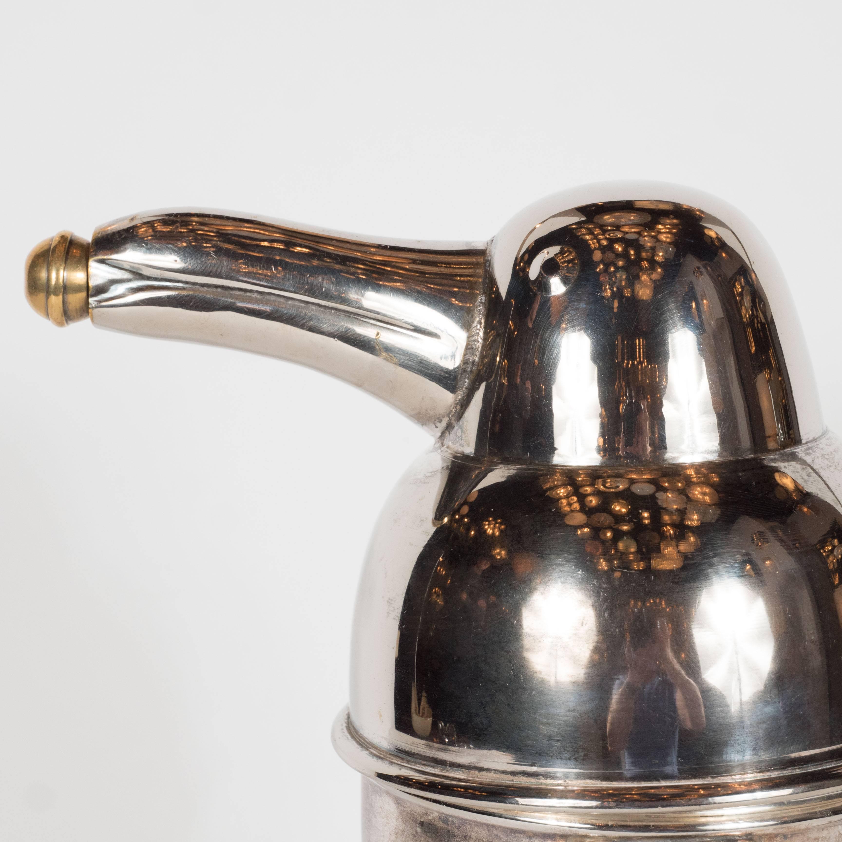 Late 20th Century Art Deco Style Penguin Cocktail Shaker in Silver Plate with Brass Stopper