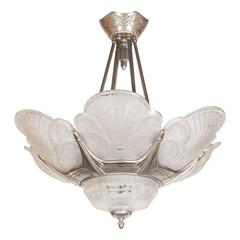 French Art Deco Chandelier in Nickeled Bronze and Frosted Glass, Signed Sabino