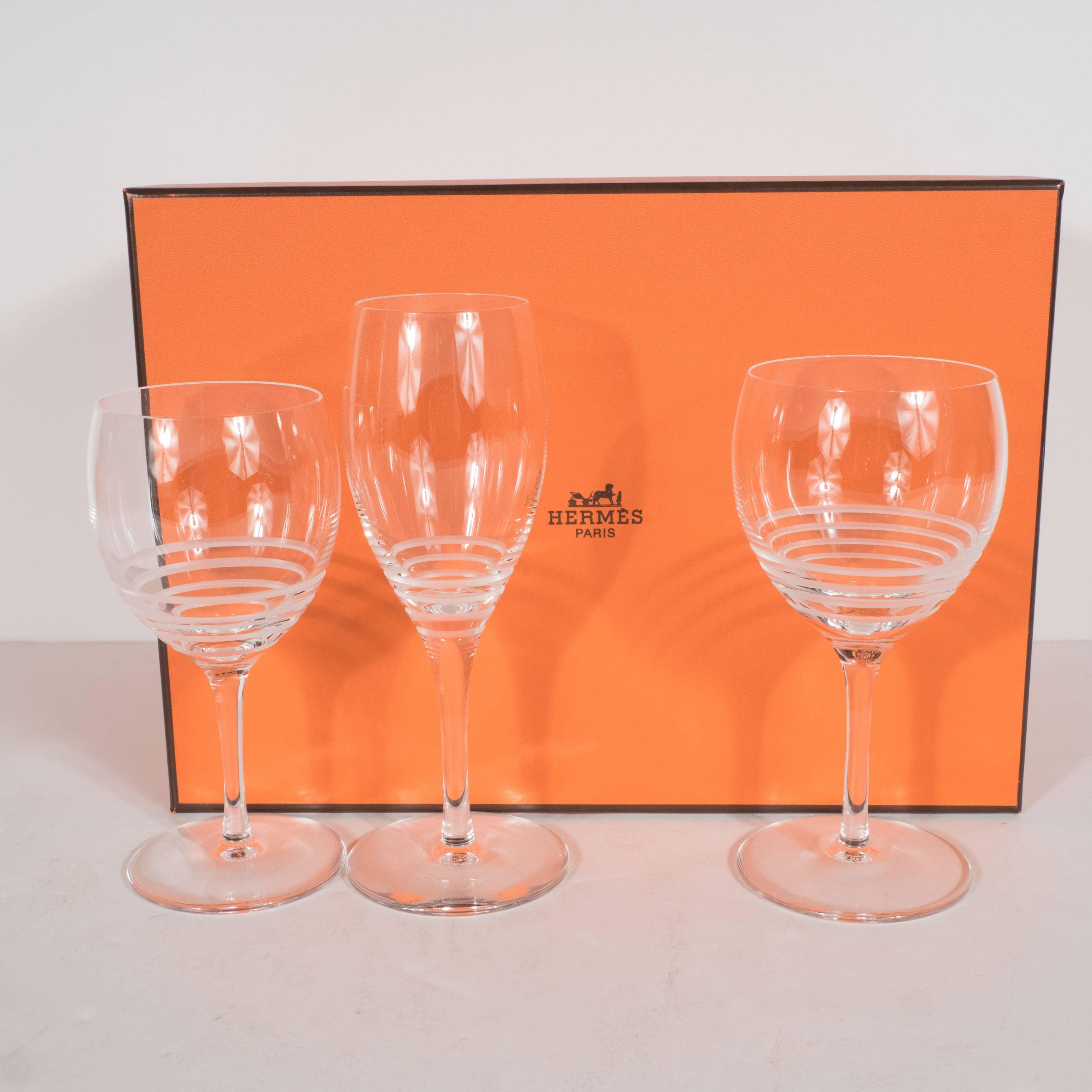 20th Century Suite of 12 Red, White and Champagne Crystal Glasses by Saint-Louis for Hermes