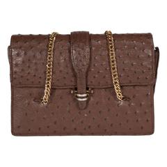 Retro Ostrich Flap Hand Bag in Sable Hued Ostrich Skin w/ Gold Chain by Gucci