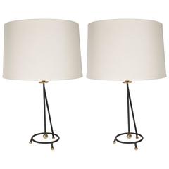 Pair of Mid-Century Modernist Table Lamps in Enamel and Brass 