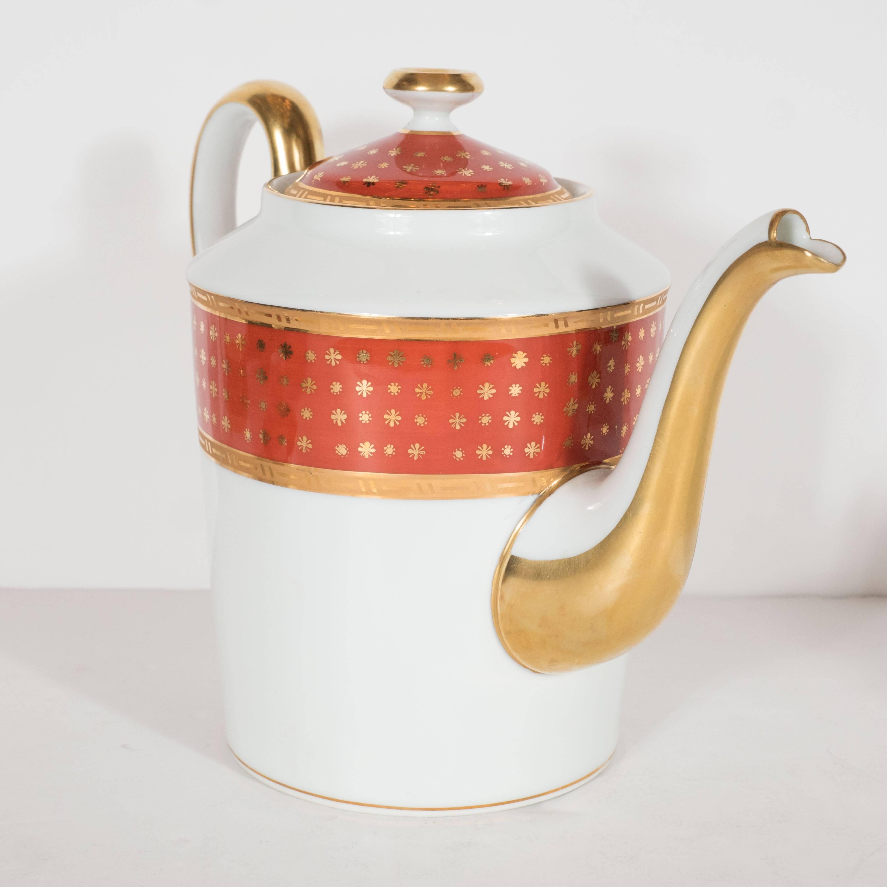 French Mid-Century Giraud Limoges Coffee Service in Carnelian and 24-Karat Gold